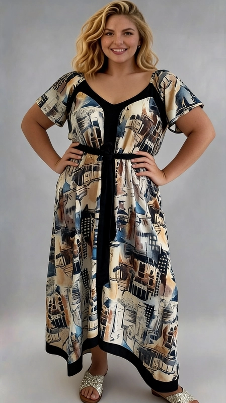 Φόρεμα σιέλ καλοκαιρινό - FRW650 | Candiashop Boutique, Ένα εντυπωσιακό φόρεμα plus size που συνδυάζει στυλ και άνεση με έναν μοναδικό τρόπο. Το φόρεμα διαθέτει ένα καλλιτεχνικό αφηρημένο μοτίβο σε αποχρώσεις μπεζ, μπλε, καφέ και μαύρου και δίνει μια ιδιαίτερη, bohemian αίσθηση. Οι μαύρες λεπτομέρειες στη V-λαιμόκοψη, στη μέση και στο τελείωμα του φορέματος δημιουργούν μια κομψή αντίθεση που αναδεικνύει τη σιλουέτα. Τα φαρδιά μανίκια τύπου flutter προσφέρουν ελευθερία κινήσεων, ενώ η εφαρμογή empire στη μέση κολακεύει κάθε σώμα. Η ασύμμετρη γραμμή στο τελείωμα προσθέτει μια δυναμική, μοντέρνα πινελιά. Κατάλληλο για καλοκαιρινές εξόδους, γεύματα σε εστιατόρια ή περιπάτους στην πόλη. Μπορεί να συνδυαστεί με σανδάλια ή εσπαντρίγιες για ένα χαλαρό, καλοκαιρινό look, ή με χαμηλές γόβες για μια πιο επίσημη εμφάνιση. Ιδανική επιλογή για γυναίκες που αγαπούν τη μόδα χωρίς συμβιβασμούς.