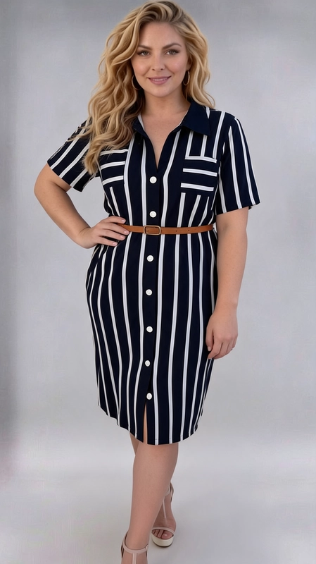 Φόρεμα σκούρο μπλε καλοκαιρινό - FRW689 | Candiashop Boutique, Κομψό φόρεμα-πουκάμισο σε ναυτικό μπλε χρώμα με λευκές κάθετες ρίγες, που αποπνέει έναν διαχρονικό και세세련된 αέρα. Το κλασικό ριγέ μοτίβο δημιουργεί μια οπτικά αδυνατιστική εφέ, ιδανική για plus size σιλουέτες. Το φόρεμα διαθέτει κουμπιά σε λευκό χρώμα που εκτείνονται σε όλο το μπροστινό μέρος, γιακά πουκαμίσου, κοντά μανίκια και ένα πρακτικό τσεπάκι στο στήθος. Η εφαρμογή του είναι ίσια και άνετη, ενώ συνοδεύεται από μια καφέ δερμάτινη ζώνη που τονίζει τη μέση και δίνει σχήμα στη σιλουέτα. Το μήκος του, λίγο κάτω από το γόνατο, το καθιστά κατάλληλο για πολλές περιστάσεις. Μπορεί να φορεθεί σε επαγγελματικά περιβάλλοντα, σε καλοκαιρινές εξόδους ή σε casual συναντήσεις. Συνδυάστε το με λευκά sneakers για έναν καθημερινό look ή με ψηλοτάκουνα πέδιλα για βραδινές εμφανίσεις. Ένα must-have κομμάτι για κάθε γυναίκα που αγαπά το στυλ και την άνεση.