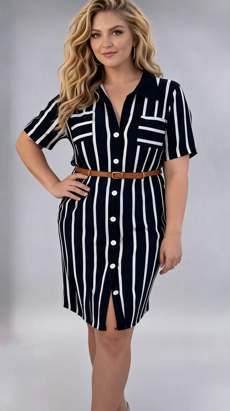 Φόρεμα σκούρο μπλε καλοκαιρινό - FRW689 | Candiashop Boutique, Κομψό φόρεμα-πουκάμισο σε ναυτικό μπλε χρώμα με λευκές κάθετες ρίγες, που αποπνέει έναν διαχρονικό και세세련된 αέρα. Το κλασικό ριγέ μοτίβο δημιουργεί μια οπτικά αδυνατιστική εφέ, ιδανική για plus size σιλουέτες. Το φόρεμα διαθέτει κουμπιά σε λευκό χρώμα που εκτείνονται σε όλο το μπροστινό μέρος, γιακά πουκαμίσου, κοντά μανίκια και ένα πρακτικό τσεπάκι στο στήθος. Η εφαρμογή του είναι ίσια και άνετη, ενώ συνοδεύεται από μια καφέ δερμάτινη ζώνη που τονίζει τη μέση και δίνει σχήμα στη σιλουέτα. Το μήκος του, λίγο κάτω από το γόνατο, το καθιστά κατάλληλο για πολλές περιστάσεις. Μπορεί να φορεθεί σε επαγγελματικά περιβάλλοντα, σε καλοκαιρινές εξόδους ή σε casual συναντήσεις. Συνδυάστε το με λευκά sneakers για έναν καθημερινό look ή με ψηλοτάκουνα πέδιλα για βραδινές εμφανίσεις. Ένα must-have κομμάτι για κάθε γυναίκα που αγαπά το στυλ και την άνεση.