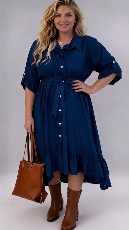 Φόρεμα τζιν καλοκαιρινό - FRW666 | Candiashop Boutique, Ένα υπέροχο φόρεμα σε βαθύ ναυτικό μπλε χρώμα που συνδυάζει κομψότητα και άνεση, ιδανικό για γυναίκες με plus size σιλουέτα. Το σχέδιό του είναι εμπνευσμένο από το κλασικό πουκαμισόφορεμα, με γιακά, κουμπιά σε λευκό χρώμα κατά μήκος του μπροστινού μέρους και μανίκια τριών τετάρτων που δένουν στα μανικετόκουμπα για ένα ανέμελο look. Το φόρεμα ολοκληρώνεται με ένα ρομαντικό βολάν στο τελείωμα, που προσθέτει κίνηση και θηλυκότητα. Μπορεί να φορεθεί με καφέ μπότες και τσάντα τόουτ για ένα chic καθημερινό look, αλλά και με γόβες για πιο επίσημες περιστάσεις. Κατάλληλο για εξόδους, επαγγελματικά ραντεβού ή καλοκαιρινές εκδρομές, αυτό το φόρεμα αποτελεί μια διαχρονική επιλογή που συνδυάζει στυλ και άνεση.