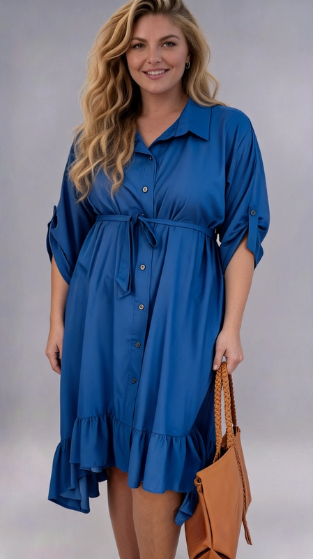 Φόρεμα τζιν καλοκαιρινό - FRW704 | Candiashop Boutique, Ένα υπέροχο πουκαμισένιο φόρεμα σε βαθύ μπλε ρουά χρώμα που συνδυάζει στυλ και άνεση για τη σύγχρονη γυναίκα με καμπύλες. Το φόρεμα διαθέτει κλασικό γιακά πουκαμίσου, κουμπιά σε χρυσή απόχρωση που διατρέχουν το μπροστινό μέρος και μανίκια τριών τετάρτων με δυνατότητα ανασήκωσης. Η ζώνη στη μέση με δέσιμο τονίζει τη σιλουέτα, ενώ το ασύμμετρο hem με βολάν στο κάτω μέρος προσδίδει κίνηση και θηλυκότητα. Η γραμμή του είναι αέρινη και ρέουσα, εξασφαλίζοντας άψογη εφαρμογή για plus size μεγέθη. Μπορεί να φορεθεί με ψηλές καστανές μπότες για ένα chic φθινοπωρινό look, όπως φαίνεται στη φωτογραφία, ή με λευκά sneakers για μια πιο casual εμφάνιση. Ιδανικό για καθημερινές εξόδους, επαγγελματικά γεύματα αλλά και βραδινές εκδηλώσεις, αυτό το φόρεμα αποτελεί μια ευέλικτη επιλογή που θα αναδείξει κάθε γυναίκα με αυτοπεποίθηση και χάρη.