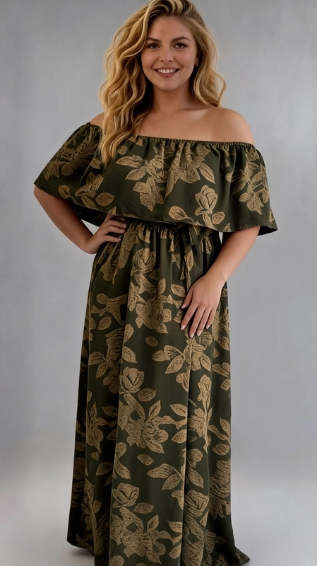 Φόρεμα χακί καλοκαιρινό - FRW642 | Candiashop Boutique, Ένα μακρύ φόρεμα που αναδεικνύει την ομορφιά και την κομψότητα κάθε γυναίκας, σχεδιασμένο ειδικά για plus size σιλουέτες. Το βαθύ χακί χρώμα του συνδυάζεται αρμονικά με ένα εντυπωσιακό μοτίβο από λουλούδια και φύλλα σε ανοιχτό πράσινο, δημιουργώντας ένα αποτέλεσμα που παραπέμπει σε εξωτικές, τροπικές αισθητικές. Το off-shoulder ντεκολτέ με το βολάν αναδεικνύει χαρακτηριστικά τους ώμους και το ντεκολτέ, ενώ η ελαστική μέση χαρίζει κολακευτική εφαρμογή και ορίζει τη σιλουέτα με χάρη. Η maxi γραμμή του φορέματος προσφέρει κίνηση και αέρινη αίσθηση, ιδανική για ζεστές μέρες και νύχτες. Μπορεί να φορεθεί σε καλοκαιρινές εξόδους, σε beach parties, σε γάμους ή βαπτίσεις σε υπαίθριο χώρο, αλλά και σε βραδινές εκδηλώσεις. Συνδυάστε το με χρυσά αξεσουάρ, όπως βραχιόλι και σκουλαρίκια, για ένα ολοκληρωμένο, εντυπωσιακό σύνολο που θα τραβήξει όλα τα βλέμματα.