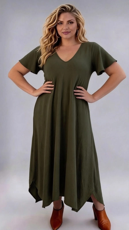 Φόρεμα χακί καλοκαιρινό - FRW655 | Candiashop Boutique, Ένα υπέροχο maxi φόρεμα σε βαθύ χακί χρώμα που ορίζει την άνεση και την κομψότητα για τις plus size γυναίκες. Η γραμμή A που διαθέτει προσφέρει μια ρέουσα, αέρινη σιλουέτα που κολακεύει κάθε σώμα, ενώ το V-λαιμόκοψη δίνει μια γοητευτική και θηλυκή πινελιά. Τα κοντά, βολάν μανίκια προσθέτουν ένα ρομαντικό άγγιγμα, ενώ το ασύμμετρο τελείωμα στο τελείωμα του φορέματος δημιουργεί ένα μοντέρνο και ιδιαίτερο αποτέλεσμα. Το μονόχρωμο σχέδιό του το καθιστά ευέλικτο και εύκολο να συνδυαστεί, ενώ το απαλό ύφασμα εξασφαλίζει άνεση καθ' όλη τη διάρκεια της ημέρας. Μπορεί να φορεθεί με κοντόχοντρα τακούνια ή σανδάλια για μια βραδινή έξοδο, ή με sneakers για έναν πιο casual, καθημερινό look. Ιδανικό για καλοκαιρινές εκδρομές, γεύματα σε εξωτερικό χώρο ή χαλαρές συναντήσεις με φίλους, αυτό το φόρεμα συνδυάζει αβίαστα στυλ και άνεση, κάνοντάς το απαραίτητο κομμάτι της γκαρνταρόμπας σας.