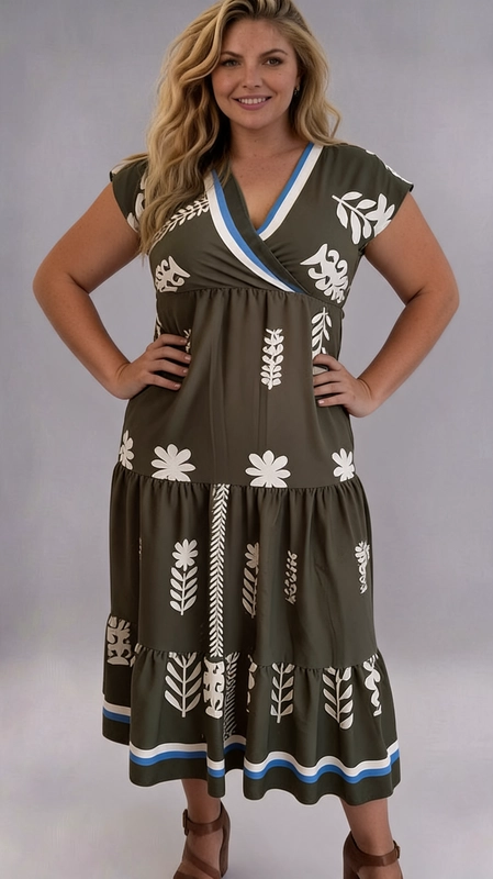 Φόρεμα χακί καλοκαιρινό - FRW675 | Candiashop Boutique, Ένα εντυπωσιακό maxi φόρεμα που συνδυάζει στυλ και άνεση για τη γυναίκα με καμπύλες. Το βαθύ χακί χρώμα του αποτελεί την ιδανική βάση για το μοναδικό εκρού βοτανικό μοτίβο που κοσμεί το ύφασμα, με απεικονίσεις λουλουδιών και φύλλων που του δίνουν έναν ιδιαίτερα καλοκαιρινό χαρακτήρα. Το κρουαζέ ντεκολτέ σε V με γαλάζιες και εκρού ρίγες προσθέτει μια κομψή λεπτομέρεια, ενώ το ίδιο μοτίβο ρίγας επαναλαμβάνεται στο τελείωμα της φούστας, δημιουργώντας μια αρμονική αίσθηση. Η κοντή μανσέτα και η tiered γραμμή της φούστας με τα βολάν προσφέρουν ρευστότητα και χάρη, ενώ η empire εφαρμογή κάτω από το στήθος κολακεύει κάθε σιλουέτα. Ιδανικό για καλοκαιρινές εξόδους, διακοπές, αλλά και ημερήσιες εμφανίσεις. Μπορεί να συνδυαστεί με σανδάλια ή εσπαντρίγιες για ένα ολοκληρωμένο, boho-chic αποτέλεσμα.