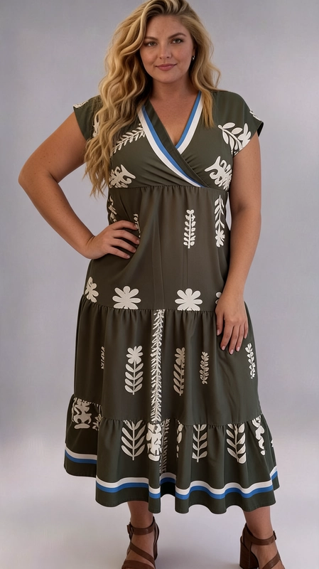 Φόρεμα χακί καλοκαιρινό - FRW675 | Candiashop Boutique, Ένα εντυπωσιακό maxi φόρεμα που συνδυάζει στυλ και άνεση για τη γυναίκα με καμπύλες. Το βαθύ χακί χρώμα του αποτελεί την ιδανική βάση για το μοναδικό εκρού βοτανικό μοτίβο που κοσμεί το ύφασμα, με απεικονίσεις λουλουδιών και φύλλων που του δίνουν έναν ιδιαίτερα καλοκαιρινό χαρακτήρα. Το κρουαζέ ντεκολτέ σε V με γαλάζιες και εκρού ρίγες προσθέτει μια κομψή λεπτομέρεια, ενώ το ίδιο μοτίβο ρίγας επαναλαμβάνεται στο τελείωμα της φούστας, δημιουργώντας μια αρμονική αίσθηση. Η κοντή μανσέτα και η tiered γραμμή της φούστας με τα βολάν προσφέρουν ρευστότητα και χάρη, ενώ η empire εφαρμογή κάτω από το στήθος κολακεύει κάθε σιλουέτα. Ιδανικό για καλοκαιρινές εξόδους, διακοπές, αλλά και ημερήσιες εμφανίσεις. Μπορεί να συνδυαστεί με σανδάλια ή εσπαντρίγιες για ένα ολοκληρωμένο, boho-chic αποτέλεσμα.