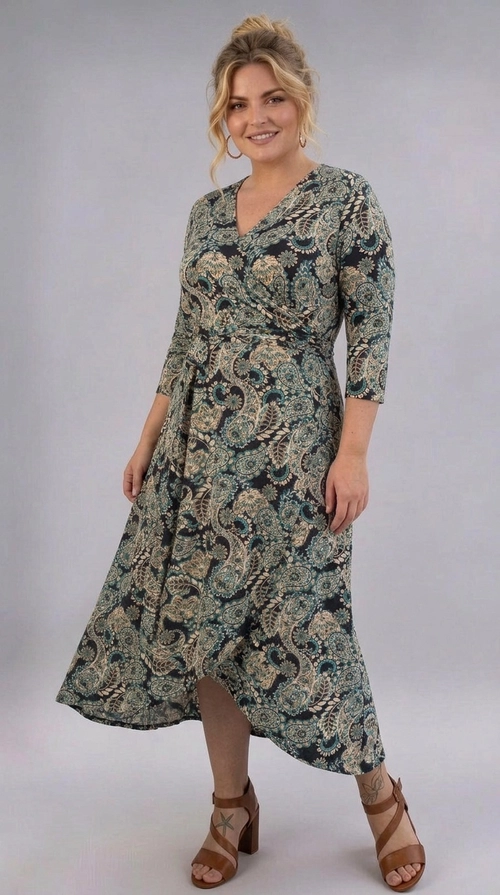 Ένα υπέροχο φόρεμα plus size που συνδυάζει κομψότητα και άνεση με τον πιο γοητευτικό τρόπο. Το εντυπωσιακό paisley μοτίβο σε αποχρώσεις σκούρου ναυτικού μπλε, μπεζ και πετρόλ δημιουργεί ένα αριστοκρατικό αποτέλεσμα που κολακεύει κάθε σιλουέτα. Το κρουαζέ ντεκολτέ σε σχήμα V προσφέρει έναν αισθησιακό αέρα, ενώ τα μανίκια τριών τετάρτων το καθιστούν κατάλληλο για κάθε εποχή. Η γραμμή A με το ασύμμετρο τελείωμα στο τμήμα της φούστας προσθέτει κίνηση και δυναμισμό, ενώ το μάζεμα στη μέση τονίζει ευγενικά τις καμπύλες. Το ύφασμα φαίνεται να έχει ελαστικότητα, εξασφαλίζοντας άριστη εφαρμογή και ελευθερία κινήσεων καθ\u0027 όλη τη διάρκεια της ημέρας. Μπορεί να φορεθεί με καφέ σανδάλια με τακούνι για ένα έτοιμο εορταστικό look, αλλά και με μπότες για πιο casual εμφανίσεις. Ιδανικό για επαγγελματικά γεύματα, οικογενειακές συναντήσεις ή βραδινές εξόδους, αυτό το φόρεμα είναι η τέλεια επιλογή για κάθε γυναίκα που θέλει να αισθάνεται όμορφη και σέξι.
