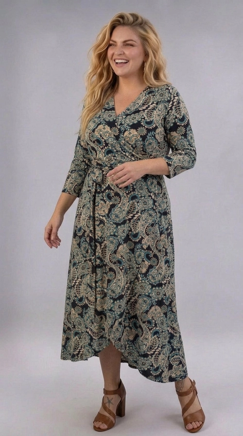 Φόρεμα εμπριμέ χειμωνιάτικο - FRW810 | Candiashop Boutique, Ένα υπέροχο φόρεμα plus size που συνδυάζει κομψότητα και άνεση με τον πιο γοητευτικό τρόπο. Το εντυπωσιακό paisley μοτίβο σε αποχρώσεις σκούρου ναυτικού μπλε, μπεζ και πετρόλ δημιουργεί ένα αριστοκρατικό αποτέλεσμα που κολακεύει κάθε σιλουέτα. Το κρουαζέ ντεκολτέ σε σχήμα V προσφέρει έναν αισθησιακό αέρα, ενώ τα μανίκια τριών τετάρτων το καθιστούν κατάλληλο για κάθε εποχή. Η γραμμή A με το ασύμμετρο τελείωμα στο τμήμα της φούστας προσθέτει κίνηση και δυναμισμό, ενώ το μάζεμα στη μέση τονίζει ευγενικά τις καμπύλες. Το ύφασμα φαίνεται να έχει ελαστικότητα, εξασφαλίζοντας άριστη εφαρμογή και ελευθερία κινήσεων καθ' όλη τη διάρκεια της ημέρας. Μπορεί να φορεθεί με καφέ σανδάλια με τακούνι για ένα έτοιμο εορταστικό look, αλλά και με μπότες για πιο casual εμφανίσεις. Ιδανικό για επαγγελματικά γεύματα, οικογενειακές συναντήσεις ή βραδινές εξόδους, αυτό το φόρεμα είναι η τέλεια επιλογή για κάθε γυναίκα που θέλει να αισθάνεται όμορφη και σέξι.