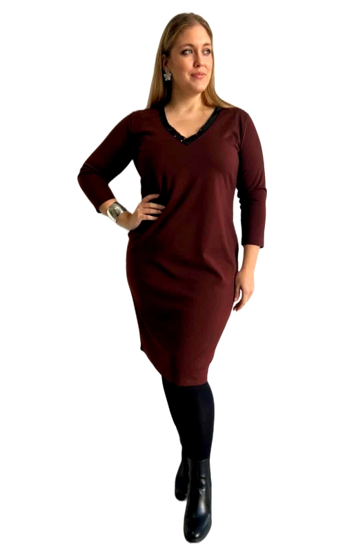 Αυτό το κομψό φόρεμα σε βαθύ καφέ χρώμα αποτελεί την ιδανική επιλογή για τις χειμωνιάτικες σας εμφανίσεις. Με την απλή αλλά κολακευτική γραμμή του, διαθέτει V\u002Dλαιμόκοψη με διακριτή μαύρη διακοσμητική λεπτομέρεια και παγιέτες που προσθέτουν μια νότα λάμψης. Τα μανίκια τριών τετάρτων προσφέρουν άνεση και στιλ, ενώ η ίσια γραμμή του φορέματος χαρίζει κολακευτική εφαρμογή που αγκαλιάζει τη σιλουέτα. Το φόρεμα έχει μεσαίο μήκος που φτάνει λίγο πάνω από το γόνατο, καθιστώντας το ιδανικό τόσο για επαγγελματικές συναντήσεις όσο και για βραδινές εξόδους. Συνδυάζεται τέλεια με μαύρο καλσόν και μποτάκια όπως στην εικόνα, αλλά και με ψηλοτάκουνες γόβες ή μπότες για πιο επίσημες περιστάσεις. Το απαλό, ελαστικό ύφασμα εξασφαλίζει άνεση καθ\u0027 όλη τη διάρκεια της ημέρας, ενώ η διαχρονική του σχεδίαση το καθιστά βασικό κομμάτι για κάθε χειμωνιάτικη γκαρνταρόμπα.