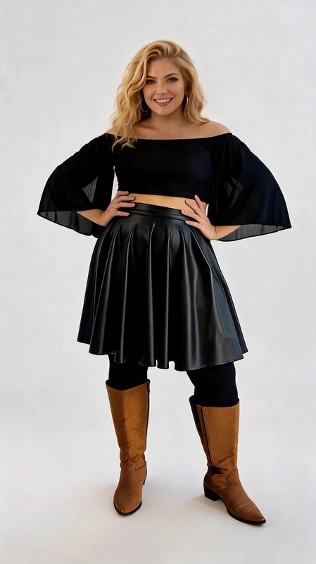 Αυτή η κομψή plus size φούστα σε μαύρο χρώμα αποτελεί ιδανική επιλογή για γάμους και βαπτίσεις. Κατασκευασμένη από δερματίνη υψηλής ποιότητας με γυαλιστερό φινίρισμα, η φούστα διαθέτει πλισέ σχεδιασμό που χαρίζει κίνηση και θηλυκότητα. Η ψηλόμεση γραμμή της αναδεικνύει τη σιλουέτα, ενώ το μήκος της που φτάνει λίγο πάνω από το γόνατο προσφέρει κομψότητα και άνεση. Στην εικόνα συνδυάζεται τέλεια με ένα μαύρο crop top με φαρδιά μανίκια τύπου καμπάνα, δημιουργώντας ένα σύγχρονο και κομψό σύνολο. Ολοκληρώστε το look με καφέ μπότες όπως φαίνεται στη φωτογραφία, ή επιλέξτε ψηλοτάκουνα παπούτσια για πιο επίσημες περιστάσεις. Η φούστα μπορεί επίσης να συνδυαστεί με μπλούζες σε έντονα χρώματα ή με κομψά πουκάμισα για διαφορετικές εκδηλώσεις. Χάρη στο διαχρονικό της σχέδιο και την εξαιρετική εφαρμογή της, αυτή η φούστα αποτελεί ένα απαραίτητο κομμάτι για την γκαρνταρόμπα σας, που θα σας χαρίσει αυτοπεποίθηση και στυλ σε κάθε επίσημη περίσταση.
