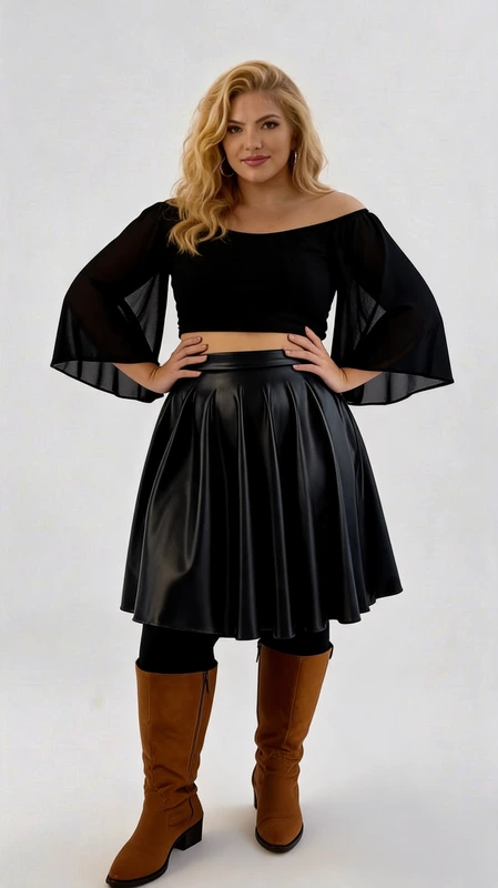 Φούστα μαύρη με λάστιχο στη μέση plus size - FPS152 | Candiashop Boutique, Αυτή η κομψή plus size φούστα σε μαύρο χρώμα αποτελεί ιδανική επιλογή για γάμους και βαπτίσεις. Κατασκευασμένη από δερματίνη υψηλής ποιότητας με γυαλιστερό φινίρισμα, η φούστα διαθέτει πλισέ σχεδιασμό που χαρίζει κίνηση και θηλυκότητα. Η ψηλόμεση γραμμή της αναδεικνύει τη σιλουέτα, ενώ το μήκος της που φτάνει λίγο πάνω από το γόνατο προσφέρει κομψότητα και άνεση. Στην εικόνα συνδυάζεται τέλεια με ένα μαύρο crop top με φαρδιά μανίκια τύπου καμπάνα, δημιουργώντας ένα σύγχρονο και κομψό σύνολο. Ολοκληρώστε το look με καφέ μπότες όπως φαίνεται στη φωτογραφία, ή επιλέξτε ψηλοτάκουνα παπούτσια για πιο επίσημες περιστάσεις. Η φούστα μπορεί επίσης να συνδυαστεί με μπλούζες σε έντονα χρώματα ή με κομψά πουκάμισα για διαφορετικές εκδηλώσεις. Χάρη στο διαχρονικό της σχέδιο και την εξαιρετική εφαρμογή της, αυτή η φούστα αποτελεί ένα απαραίτητο κομμάτι για την γκαρνταρόμπα σας, που θα σας χαρίσει αυτοπεποίθηση και στυλ σε κάθε επίσημη περίσταση.