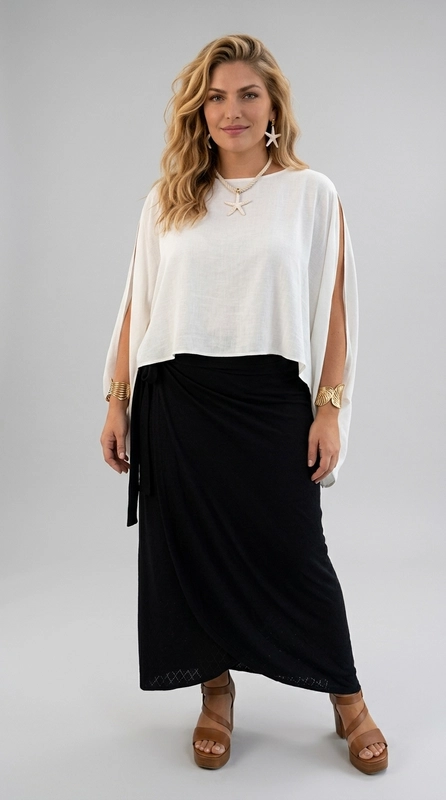 Φούστα μαύρη καλοκαιρινή plus size - FPS155 | Candiashop Boutique, Η μαύρη φούστα είναι το απόλυτο must-have κομμάτι για κάθε plus size γυναίκα που αναζητά στυλ και άνεση. Με το κομψό wrap design και το δέσιμο στο πλάι, δημιουργεί μια κολακευτική σιλουέτα που αναδεικνύει τις καμπύλες με τον πιο θηλυκό τρόπο. Το βαθύ μαύρο χρώμα της την καθιστά διαχρονική και εύκολα συνδυάσιμη, ενώ το ελαφρώς υφαντό μοτίβο στο κάτω μέρος της προσθέτει έναν διακριτικό αέρα πολυτέλειας. Η midi γραμμή της πέφτει κομψά κάτω από το γόνατο, προσφέροντας κάλυψη χωρίς να χάνει τη θηλυκότητά της. Μπορεί να φορεθεί με ένα λευκό ή εκρού αμάνικο τοπ για ένα κλασικό, σικ αποτέλεσμα, ιδανικό για επαγγελματικές συναντήσεις, καλοκαιρινές βόλτες ή βραδινές εξόδους. Συνδυάστε την με χρυσά αξεσουάρ και πέδιλα για ένα ολοκληρωμένο, εντυπωσιακό σύνολο που θα τραβήξει όλα τα βλέμματα.