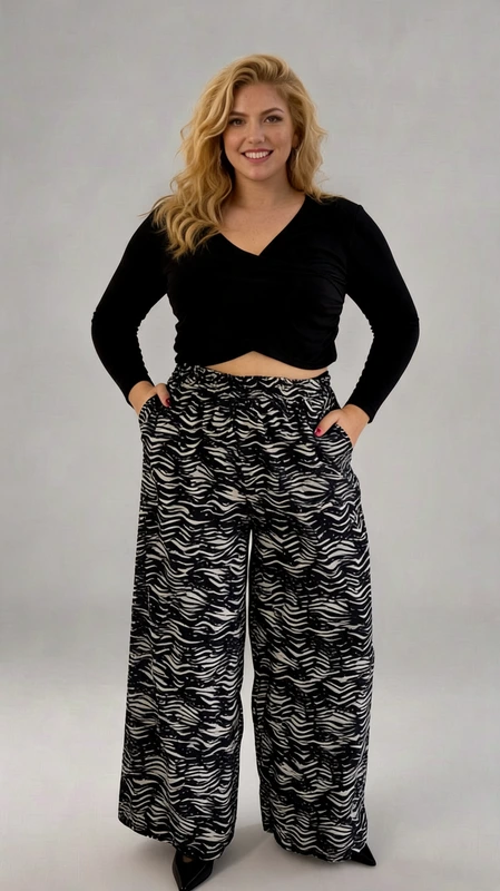 Παντελόνα γυναικεία plus size ανοιξιάτικη animal print - PANT157 | Candiashop Boutique, Αυτή η εντυπωσιακή γυναικεία παντελόνα με ζωηρό ασπρόμαυρο μοτίβο ζέβρας θα αναβαθμίσει αμέσως το στυλ σας. Η φαρδιά γραμμή της προσφέρει άνεση και κομψότητα, ενώ η ελαστική μέση με λάστιχο εξασφαλίζει τέλεια εφαρμογή σε κάθε σωματότυπο. Το μαύρο και λευκό μοτίβο δημιουργεί μια τολμηρή αντίθεση που τραβάει τα βλέμματα, ενώ η ρέουσα υφή του υφάσματος χαρίζει κίνηση και θηλυκότητα σε κάθε βήμα. Συνδυάστε την με το μαύρο κοντό τοπ με V λαιμόκοψη που απεικονίζεται ή με οποιοδήποτε μονόχρωμο τοπ για καθημερινές εμφανίσεις. Ιδανική για καλοκαιρινές εξόδους, βραδινές περιστάσεις ή ακόμα και για χαλαρές βόλτες στην πόλη. Οι πλαϊνές τσέπες προσθέτουν πρακτικότητα, ενώ το μήκος της παντελόνας χαρίζει έναν αέρα πολυτέλειας. Η άνετη γραμμή της κολακεύει κάθε σιλουέτα και αποτελεί μια εξαιρετική επιλογή για όσες αναζητούν στυλ και άνεση ταυτόχρονα.