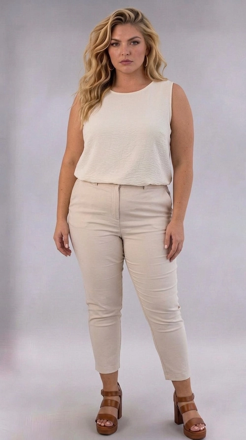 Η γυναικεία παντελόνα plus size σε απαλή κρεμ\u002Dεκρού απόχρωση είναι η ιδανική επιλογή για κάθε γυναίκα που αναζητά στυλ και άνεση σε ένα μοναδικό κομμάτι. Με κομψή εφαρμογή που αγκαλιάζει τις καμπύλες χαρίζοντας μια ραδινή σιλουέτα, η παντελόνα αυτή διαθέτει ψηλή μέση που τονίζει το σώμα και κολακεύει κάθε σωματότυπο. Το μοντέρνο κροπ μήκος της, που τελειώνει λίγο πάνω από τον αστράγαλο, την καθιστά ιδιαίτερα κομψή και εύκολη στο συνδυασμό. Η λεία, μονόχρωμη υφή της χωρίς έντονα μοτίβα την κάνει διαχρονική και ευέλικτη. Μπορεί να φορεθεί με αμάνικη μπλούζα σε λευκό ή εκρού τόνο για ένα casual\u002Dchic αποτέλεσμα, αλλά και με ένα κομψό σακάκι για πιο επίσημες περιστάσεις. Συνδυάζεται τέλεια με πέδιλα με τακούνι ή μποτάκια για να ολοκληρωθεί το σύνολο. Ιδανική για καθημερινές εξόδους, επαγγελματικά ραντεβού ή βραδινές εμφανίσεις.