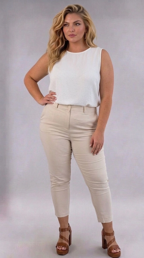 Παντελόνα γυναικεία εκρού plus size - PANT198 | Candiashop Boutique, Η γυναικεία παντελόνα plus size σε απαλή κρεμ-εκρού απόχρωση είναι η ιδανική επιλογή για κάθε γυναίκα που αναζητά στυλ και άνεση σε ένα μοναδικό κομμάτι. Με κομψή εφαρμογή που αγκαλιάζει τις καμπύλες χαρίζοντας μια ραδινή σιλουέτα, η παντελόνα αυτή διαθέτει ψηλή μέση που τονίζει το σώμα και κολακεύει κάθε σωματότυπο. Το μοντέρνο κροπ μήκος της, που τελειώνει λίγο πάνω από τον αστράγαλο, την καθιστά ιδιαίτερα κομψή και εύκολη στο συνδυασμό. Η λεία, μονόχρωμη υφή της χωρίς έντονα μοτίβα την κάνει διαχρονική και ευέλικτη. Μπορεί να φορεθεί με αμάνικη μπλούζα σε λευκό ή εκρού τόνο για ένα casual-chic αποτέλεσμα, αλλά και με ένα κομψό σακάκι για πιο επίσημες περιστάσεις. Συνδυάζεται τέλεια με πέδιλα με τακούνι ή μποτάκια για να ολοκληρωθεί το σύνολο. Ιδανική για καθημερινές εξόδους, επαγγελματικά ραντεβού ή βραδινές εμφανίσεις.