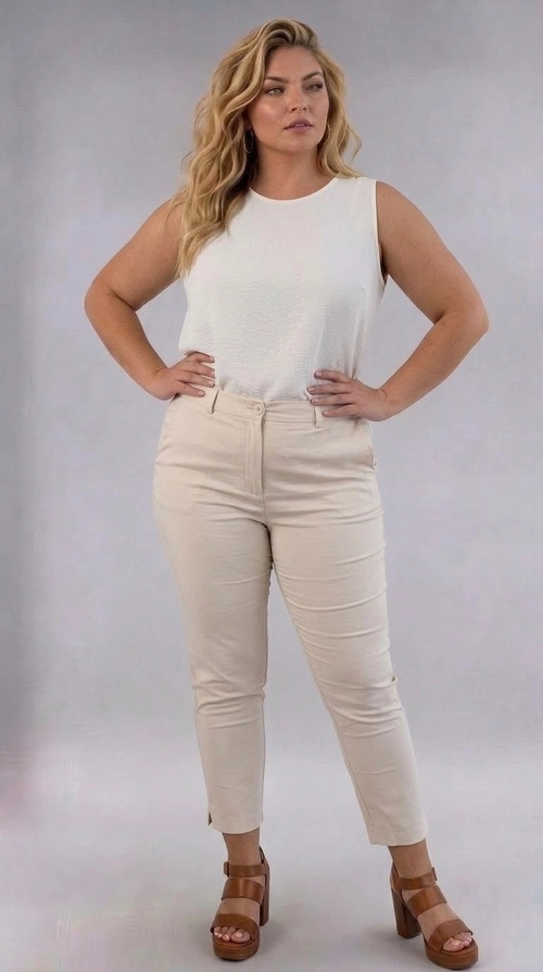 Παντελόνα γυναικεία εκρού plus size - PANT198 | Candiashop Boutique, Η γυναικεία παντελόνα plus size σε απαλή κρεμ-εκρού απόχρωση είναι η ιδανική επιλογή για κάθε γυναίκα που αναζητά στυλ και άνεση σε ένα μοναδικό κομμάτι. Με κομψή εφαρμογή που αγκαλιάζει τις καμπύλες χαρίζοντας μια ραδινή σιλουέτα, η παντελόνα αυτή διαθέτει ψηλή μέση που τονίζει το σώμα και κολακεύει κάθε σωματότυπο. Το μοντέρνο κροπ μήκος της, που τελειώνει λίγο πάνω από τον αστράγαλο, την καθιστά ιδιαίτερα κομψή και εύκολη στο συνδυασμό. Η λεία, μονόχρωμη υφή της χωρίς έντονα μοτίβα την κάνει διαχρονική και ευέλικτη. Μπορεί να φορεθεί με αμάνικη μπλούζα σε λευκό ή εκρού τόνο για ένα casual-chic αποτέλεσμα, αλλά και με ένα κομψό σακάκι για πιο επίσημες περιστάσεις. Συνδυάζεται τέλεια με πέδιλα με τακούνι ή μποτάκια για να ολοκληρωθεί το σύνολο. Ιδανική για καθημερινές εξόδους, επαγγελματικά ραντεβού ή βραδινές εμφανίσεις.