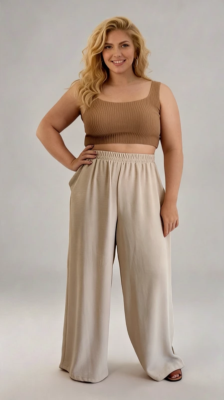 Παντελόνα γυναικεία plus size καλοκαιρινό εκρού - PANT175 | Candiashop Boutique, Αυτό το κομψό σετ αποτελείται από ένα πλεκτό τοπ σε απόχρωση ταμπά και μια φαρδιά παντελόνα σε απαλό μπεζ χρώμα, ιδανικό για άνετες αλλά στυλάτες εμφανίσεις. Το τοπ με τις φαρδιές τιράντες και το ριμπ πλέξιμο αγκαλιάζει το σώμα, προσφέροντας κολακευτική εφαρμογή, ενώ το crop μήκος του αναδεικνύει τη σιλουέτα. Η παντελόνα διαθέτει ελαστική μέση με λάστιχο για άνεση και προσαρμοστικότητα, ενώ το φαρδύ της σχέδιο προσφέρει ελευθερία κινήσεων και αέρινη αίσθηση. Ιδανικό για καθημερινές εμφανίσεις, από πρωινές βόλτες μέχρι απογευματινούς καφέδες, αυτό το σύνολο μπορεί να φορεθεί με flat σανδάλια για μια χαλαρή εμφάνιση ή με ψηλοτάκουνα πέδιλα για πιο επίσημες περιστάσεις. Συνδυάστε το με ένα λεπτό τζάκετ ή ζακέτα τις πιο δροσερές βραδιές. Η αέρινη υφή του υφάσματος της παντελόνας και η άνετη εφαρμογή του συνόλου το καθιστούν ιδανική επιλογή για όλες τις σωματικές διαπλάσεις, χαρίζοντας στυλ και άνεση σε κάθε περίσταση.