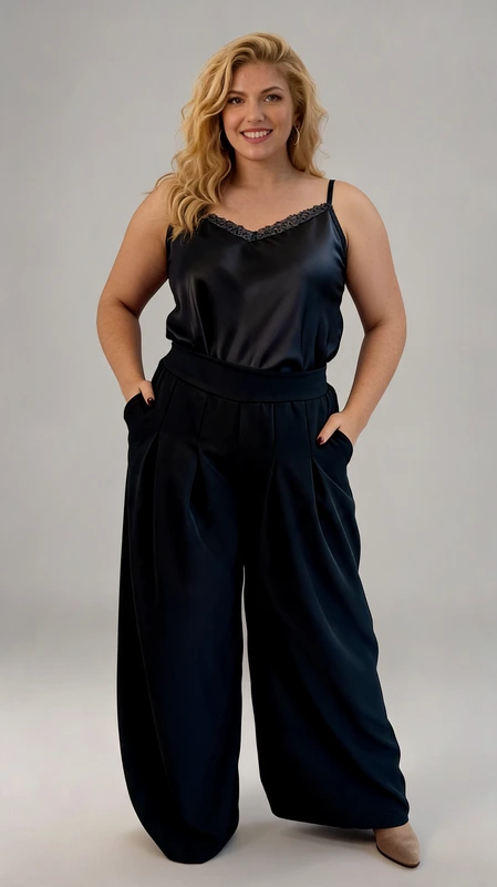 Παντελόνα γυναικεία plus size ανοιξιάτικη γκρι - PANT161 | Candiashop Boutique, Κομψό σύνολο από μαύρο τοπ με παντελόνα, ιδανικό για γυναίκες που αναζητούν άνεση και στυλ σε ένα εντυπωσιακό outfit. Το τοπ με λεπτές τιράντες διαθέτει σατέν υφή που αντανακλά διακριτικά το φως, ενώ η λαιμόκοψη σε σχήμα V με διακοσμητική γκρι μεταλλιζέ λεπτομέρεια προσθέτει μια κομψή πινελιά. Η φαρδιά παντελόνα σε βαθύ μαύρο χρώμα έχει ψηλή μέση με φαρδιά ζώνη που κολακεύει τη σιλουέτα, ενώ οι πιέτες και η φαρδιά γραμμή χαρίζουν άνεση στην κίνηση. Διαθέτει πλαϊνές τσέπες για πρακτικότητα χωρίς να θυσιάζει το στυλ. Το σύνολο μπορεί να φορεθεί σε επίσημες βραδινές εξόδους, κοκτέιλ πάρτι ή επαγγελματικές εκδηλώσεις, συνδυασμένο με ψηλοτάκουνα παπούτσια και κομψά αξεσουάρ. Η ρευστή υφή των υφασμάτων και η άνετη εφαρμογή το καθιστούν ιδανική επιλογή για όλους τους σωματότυπους, προσφέροντας διαχρονική κομψότητα με σύγχρονη αισθητική.