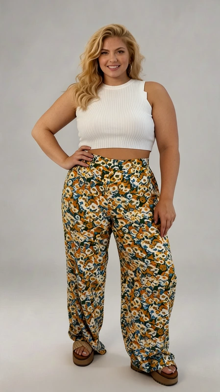 Παντελόνα γυναικεία plus size καλοκαιρινή καφέ - PANT111 | Candiashop Boutique, Αυτή η εντυπωσιακή γυναικεία παντελόνα με φλοράλ μοτίβο σε αποχρώσεις ώχρας, γαλάζιου και πράσινου θα αναβαθμίσει αμέσως την καλοκαιρινή σας γκαρνταρόμπα. Κατασκευασμένη από ελαφρύ, αέρινο ύφασμα που επιτρέπει άνετες κινήσεις, διαθέτει φαρδιά γραμμή που κολακεύει κάθε σωματότυπο. Η ψηλή μέση αναδεικνύει τη σιλουέτα ενώ το ζωηρό φλοράλ μοτίβο με τα κίτρινα και γαλάζια λουλούδια προσθέτει μια χαρούμενη, καλοκαιρινή νότα. Συνδυάστε την με ένα λευκό crop top όπως στην εικόνα για ένα μοντέρνο σύνολο, ή με ένα μονόχρωμο τοπ σε μία από τις αποχρώσεις του παντελονιού για πιο κομψό αποτέλεσμα. Ιδανική για καλοκαιρινούς περιπάτους, διακοπές, αλλά και για καθημερινές εμφανίσεις με στυλ. Ολοκληρώστε το look με επίπεδα σανδάλια για την ημέρα ή με πλατφόρμες για το βράδυ. Η άνεση συναντά το στυλ σε αυτό το must-have κομμάτι της σεζόν!