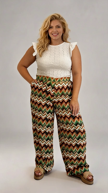 Παντελόνα γυναικεία plus size καλοκαιρινή καφέ - PANT112 | Candiashop Boutique, Αυτή η εντυπωσιακή παντελόνα με το ζωηρό ζικ-ζακ μοτίβο αποτελεί την τέλεια επιλογή για το καλοκαιρινό σας γκαρνταρόμπα. Το φαρδύ σχέδιο χαρίζει άνεση και στυλ, ενώ ο συνδυασμός χρωμάτων σε πράσινο, καφέ, μπεζ και λευκό δημιουργεί μια ζεστή γήινη παλέτα που κολακεύει κάθε τύπο σώματος. Το ψηλόμεσο κόψιμο αναδεικνύει τη σιλουέτα, ενώ οι πλαϊνές τσέπες προσθέτουν πρακτικότητα στο κομψό σχέδιο. Συνδυάζεται τέλεια με το λευκό δαντελωτό τοπ με τα βολάν στα μανίκια που φαίνεται στη φωτογραφία, δημιουργώντας ένα ολοκληρωμένο καλοκαιρινό σύνολο. Ιδανική για παραθαλάσσιους περιπάτους, καλοκαιρινές εξορμήσεις ή απογευματινούς καφέδες. Η ελαφριά, αέρινη υφή του υφάσματος εξασφαλίζει δροσιά τις ζεστές ημέρες, ενώ η άνετη γραμμή επιτρέπει ελευθερία κινήσεων. Συνδυάστε με πλατφόρμες ή επίπεδα σανδάλια για μια ολοκληρωμένη καλοκαιρινή εμφάνιση που συνδυάζει κομψότητα και άνεση.
