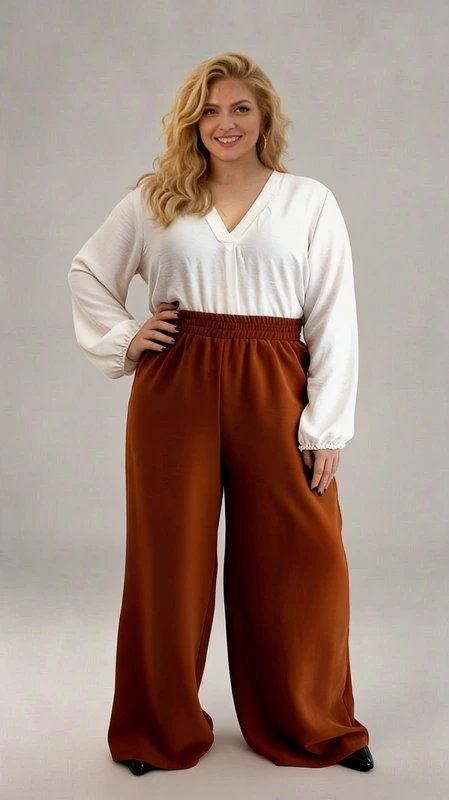 Παντελόνα γυναικεία plus size χειμωνιάτικη καφέ - PANT101 | Candiashop Boutique, Κομψή παντελόνα σε πλούσιο καφέ-κεραμιδί χρώμα που συνδυάζεται αρμονικά με λευκή μπλούζα για ολοκληρωμένες εμφανίσεις. Η φαρδιά γραμμή της προσφέρει άνεση και κίνηση, ενώ η ελαστική μέση με λάστιχο εξασφαλίζει τέλεια εφαρμογή χωρίς να πιέζει. Η ρέουσα υφή του υφάσματος χαρίζει κομψότητα και στυλ, δημιουργώντας μια εντυπωσιακή σιλουέτα που κολακεύει κάθε σωματότυπο. Ιδανική για επαγγελματικές εμφανίσεις, βραδινές εξόδους ή και καθημερινά σύνολα, αυτή η παντελόνα μπορεί να φορεθεί με μποτάκια, γόβες ή ακόμα και αθλητικά παπούτσια για πιο casual look. Συνδυάστε την με πουκάμισα, πλεκτά ή t-shirts ανάλογα με την περίσταση. Το βάθος του χρώματος την καθιστά ιδανική επιλογή για όλες τις εποχές, ενώ η άνετη γραμμή της την κάνει κατάλληλη για πολύωρη χρήση. Μια διαχρονική προσθήκη στη γκαρνταρόμπα σας που θα αναβαθμίσει κάθε σας εμφάνιση.
