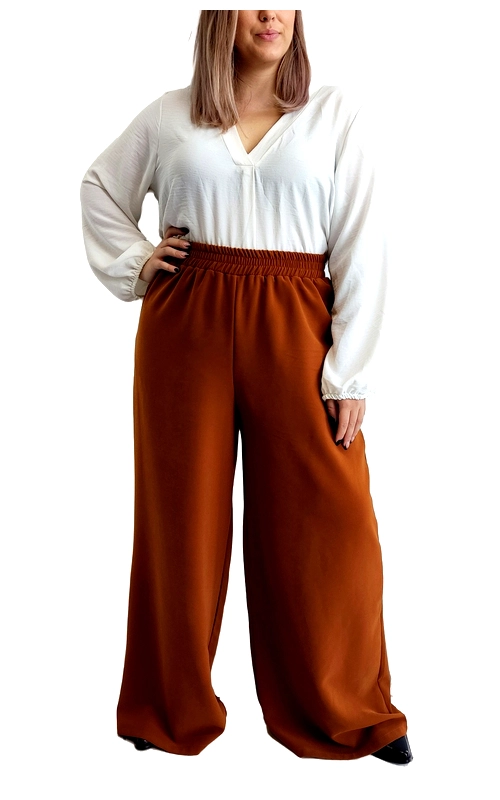 Κομψή παντελόνα σε πλούσιο καφέ\u002Dκεραμιδί χρώμα που συνδυάζεται αρμονικά με λευκή μπλούζα για ολοκληρωμένες εμφανίσεις. Η φαρδιά γραμμή της προσφέρει άνεση και κίνηση, ενώ η ελαστική μέση με λάστιχο εξασφαλίζει τέλεια εφαρμογή χωρίς να πιέζει. Η ρέουσα υφή του υφάσματος χαρίζει κομψότητα και στυλ, δημιουργώντας μια εντυπωσιακή σιλουέτα που κολακεύει κάθε σωματότυπο. Ιδανική για επαγγελματικές εμφανίσεις, βραδινές εξόδους ή και καθημερινά σύνολα, αυτή η παντελόνα μπορεί να φορεθεί με μποτάκια, γόβες ή ακόμα και αθλητικά παπούτσια για πιο casual look. Συνδυάστε την με πουκάμισα, πλεκτά ή t\u002Dshirts ανάλογα με την περίσταση. Το βάθος του χρώματος την καθιστά ιδανική επιλογή για όλες τις εποχές, ενώ η άνετη γραμμή της την κάνει κατάλληλη για πολύωρη χρήση. Μια διαχρονική προσθήκη στη γκαρνταρόμπα σας που θα αναβαθμίσει κάθε σας εμφάνιση.
