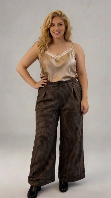 Παντελόνα γυναικεία plus size χειμωνιάτικη καφέ - PANT153 | Candiashop Boutique, Κομψή και μοντέρνα, αυτή η γυναικεία παντελόνα με φαρδιά γραμμή αποτελεί μια εξαιρετική επιλογή για το καθημερινό σας στυλ. Το καφέ καρό μοτίβο σε διακριτικούς τόνους προσδίδει κομψότητα και διαχρονικότητα στο ένδυμα. Συνδυάζεται άψογα με το μπεζ σατέν τοπ με λεπτές τιράντες και διακοσμητική δαντέλα στο ντεκολτέ, δημιουργώντας μια ισορροπημένη σιλουέτα. Η παντελόνα διαθέτει ψηλή μέση με κομψές πιέτες που κολακεύουν τη σιλουέτα, ενώ το φαρδύ πόδι χαρίζει άνεση και στυλ. Το υφασμάτινο καρό σχέδιο προσφέρει ευελιξία στους συνδυασμούς, καθιστώντας την ιδανική επιλογή τόσο για το γραφείο όσο και για απογευματινές εξόδους. Μπορεί να φορεθεί με μποτάκια για ένα κομψό χειμερινό look ή με γόβες για πιο επίσημες περιστάσεις. Συνδυάστε την με ένα ζεστό πουλόβερ για τις κρύες μέρες ή με το συνοδευτικό σατέν τοπ για μια πιο κομψή εμφάνιση. Η άνετη εφαρμογή και το ποιοτικό ύφασμα εγγυώνται άνεση καθ' όλη τη διάρκεια της ημέρας.