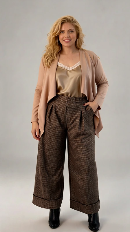 Παντελόνα γυναικεία plus size χειμωνιάτικη καφέ - PANT154 | Candiashop Boutique, Η κομψή παντελόνα με μοτίβο καρό σε αποχρώσεις του καφέ και μπεζ αποτελεί την ιδανική επιλογή για το φθινοπωρινό σας γκαρνταρόμπα. Με φαρδιά γραμμή που χαρίζει άνεση και στυλ, διαθέτει ψηλή μέση με πιέτες που κολακεύει τη σιλουέτα και δημιουργεί μια εκλεπτυσμένη εμφάνιση. Συνδυάζεται τέλεια με το μπεζ σακάκι τύπου waterfall και το χρυσαφί τοπ με διακριτικές λεπτομέρειες στη λαιμόκοψη, ολοκληρώνοντας ένα αριστοκρατικό σύνολο. Η παντελόνα είναι ιδανική για επαγγελματικές συναντήσεις, επίσημες εκδηλώσεις ή κομψές βραδινές εξόδους. Το διαχρονικό καρό μοτίβο προσθέτει μια νότα κλασικής κομψότητας, ενώ η φαρδιά γραμμή εξασφαλίζει άνετη εφαρμογή όλη μέρα. Συνδυάστε την με μποτάκια ή ψηλοτάκουνα παπούτσια για μια εντυπωσιακή εμφάνιση. Η ποιοτική κατασκευή και το προσεγμένο τελείωμα στο κάτω μέρος αναδεικνύουν την προσοχή στη λεπτομέρεια, κάνοντας αυτή την παντελόνα ένα διαχρονικό κομμάτι για την γκαρνταρόμπα σας.