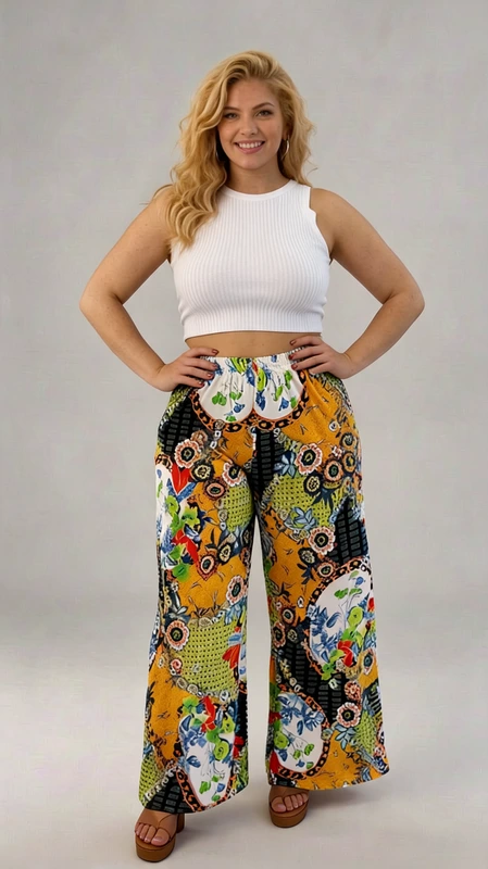 Παντελόνα γυναικεία plus size ανοιξιάτικη κίτρινη - PANT151 | Candiashop Boutique, Αυτή η εντυπωσιακή παντελόνα παλάτσο με πολύχρωμο patchwork μοτίβο αποτελεί την τέλεια επιλογή για το καλοκαιρινό σας ντουλάπα. Το ζωηρό κροκί χρώμα συνδυάζεται αρμονικά με αποχρώσεις του πράσινου, μπλε και λευκού, δημιουργώντας ένα εξωτικό μοτίβο με φλοράλ στοιχεία που τραβά αμέσως την προσοχή. Η φαρδιά γραμμή της παντελόνας προσφέρει άνεση και ελευθερία κινήσεων, ενώ η ελαστική μέση με λάστιχο εξασφαλίζει τέλεια εφαρμογή σε κάθε σωματότυπο. Κατασκευασμένη από ελαφρύ, αέρινο ύφασμα που επιτρέπει στο δέρμα να αναπνέει ακόμα και τις πιο ζεστές μέρες του καλοκαιριού. Συνδυάστε την με ένα απλό λευκό τοπ όπως αυτό της φωτογραφίας για καθημερινές εμφανίσεις ή με ένα μονόχρωμο μπλουζάκι και σανδάλια για βόλτες στην παραλία. Ιδανική για διακοπές, καλοκαιρινά φεστιβάλ ή απογευματινούς καφέδες. Η χαλαρή γραμμή της την καθιστά κατάλληλη για πολλές περιστάσεις, προσφέροντας στυλ και άνεση που θα λατρέψετε όλο το καλοκαίρι.