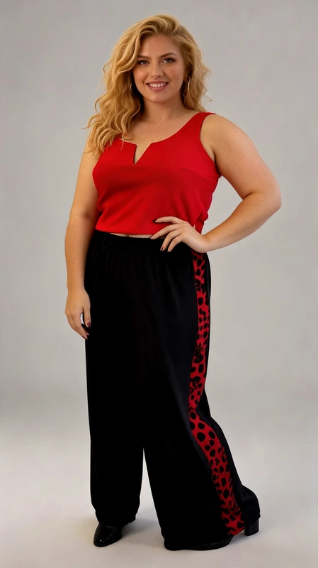 Παντελόνα γυναικεία plus size ανοιξιάτικη κόκκινη - PANT160 | Candiashop Boutique, Κομψή γυναικεία παντελόνα σε συνδυασμό με αμάνικη μπλούζα που αναδεικνύει τη θηλυκότητα και την άνεση. Η παντελόνα είναι σε βαθύ μαύρο χρώμα με εντυπωσιακή κόκκινη λεοπάρ λωρίδα στο πλάι που προσθέτει μια τολμηρή πινελιά στο σύνολο. Η φαρδιά γραμμή της εξασφαλίζει άνεση σε κάθε κίνηση, ενώ η ψηλή μέση κολακεύει τη σιλουέτα. Συνδυάζεται με κόκκινη αμάνικη μπλούζα με ιδιαίτερο V στο ντεκολτέ που χαρίζει κομψότητα. Ιδανική επιλογή για βραδινές εξόδους, επίσημες περιστάσεις ή ακόμα και για το γραφείο όταν συνδυαστεί με ένα κομψό σακάκι. Μπορεί να φορεθεί με ψηλοτάκουνα παπούτσια για ένα εντυπωσιακό αποτέλεσμα ή με κομψά μποτάκια τις πιο κρύες μέρες. Το σύνολο είναι σχεδιασμένο για να προσφέρει άνεση όλη μέρα, διατηρώντας παράλληλα το στυλ και την κομψότητα σας. Η ποιοτική κατασκευή εγγυάται διαχρονικότητα και αντοχή στο χρόνο.