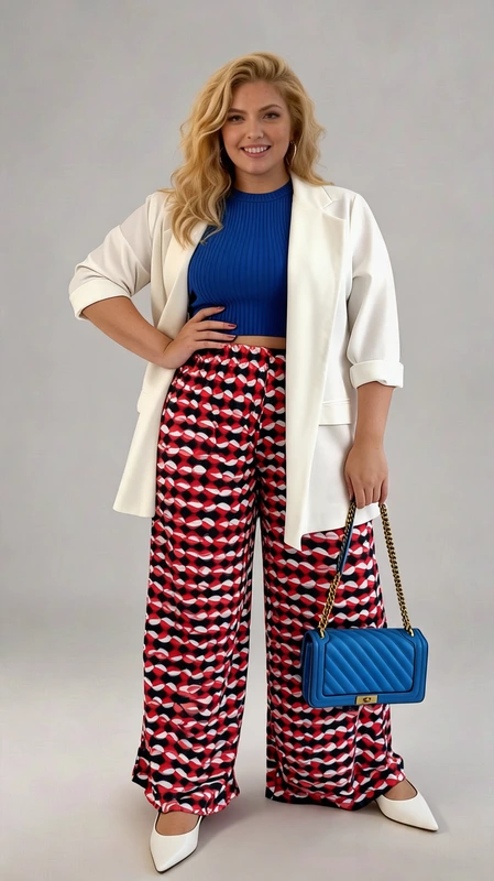 Παντελόνα γυναικεία plus size καλοκαιρινή κόκκινη - PANT129 | Candiashop Boutique, Αυτή η εντυπωσιακή παντελόνα με γεωμετρικό μοτίβο σε αποχρώσεις κόκκινου, μπλε και λευκού αποτελεί μια τολμηρή επιλογή για το καλοκαιρινό σας ντύσιμο. Η φαρδιά γραμμή της χαρίζει άνεση και στυλ, ενώ το ζωηρό της μοτίβο προσθέτει ένα μοντέρνο στοιχείο σε κάθε εμφάνιση. Κατασκευασμένη από ελαφρύ, ρέον ύφασμα που κολακεύει κάθε σιλουέτα, επιτρέποντας την κίνηση με άνεση και κομψότητα. Συνδυάστε την με ένα απλό μπλε ρουά τοπ όπως στην εικόνα και ολοκληρώστε το σύνολο με ένα λευκό σακάκι για μια κομψή εμφάνιση στο γραφείο ή σε επαγγελματικές συναντήσεις. Για πιο χαλαρές περιστάσεις, φορέστε την με ένα απλό μπλουζάκι και αθλητικά παπούτσια. Η παντελόνα διαθέτει λάστιχο στη μέση για άνετη εφαρμογή και φαρδιά πόδια που χαρίζουν κίνηση και αέρα. Συμπληρώστε την εμφάνισή σας με μια καπιτονέ τσάντα σε έντονο μπλε χρώμα και λευκά παπούτσια για ένα ολοκληρωμένο, μοντέρνο σύνολο που θα τραβήξει όλα τα βλέμματα.