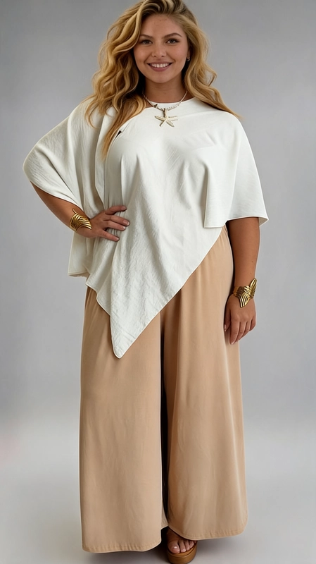 Παντελόνα γυναικεία κρεμ καλοκαιρινή plus size - PANT188 | Candiashop Boutique, Η γυναικεία παντελόνα σε μπεζ απόχρωση αποτελεί την ιδανική επιλογή για τη σύγχρονη γυναίκα που αναζητά στυλ και άνεση σε plus size μέγεθος. Με τη φαρδιά, ρέουσα γραμμή της και το κομψό palazzo κόψιμο, χαρίζει μια αέρινη και ελεύθερη σιλουέτα που κολακεύει κάθε σώμα. Το μονόχρωμο, λείο ύφασμα δίνει μια καθαρή και εκλεπτυσμένη εμφάνιση, ενώ η φαρδιά εφαρμογή εξασφαλίζει μέγιστη άνεση καθ' όλη τη διάρκεια της ημέρας. Μπορεί να συνδυαστεί με λευκή, ασύμμετρη μπλούζα, όπως φαίνεται στη φωτογραφία, δημιουργώντας ένα αρμονικό, καλοκαιρινό σύνολο. Ιδανική για καλοκαιρινές βόλτες, επαγγελματικές συναντήσεις ή χαλαρές εξόδους, η παντελόνα αυτή ανταποκρίνεται σε κάθε περίσταση. Η ουδέτερη απόχρωσή της την καθιστά εύκολα συνδυάσιμη με πλήθος χρωμάτων και στυλ, ενώ αποτελεί must-have κομμάτι για κάθε γυναικεία γκαρνταρόμπα.