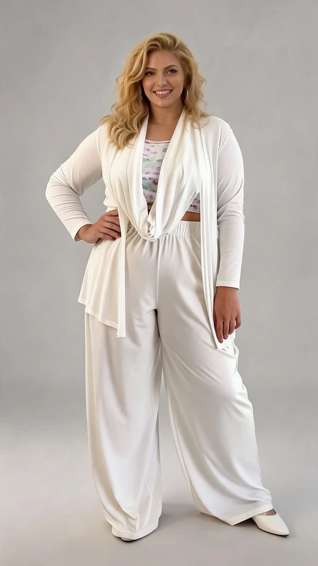 Παντελόνα γυναικεία plus size καλοκαιρινή λευκή - PANT124 | Candiashop Boutique, Κομψό σύνολο σε υπέροχο λευκό χρώμα που συνδυάζει άνεση και στυλ για την καθημερινή σας εμφάνιση. Η φαρδιά παντελόνα με την αέρινη γραμμή προσφέρει απόλυτη ελευθερία κινήσεων, ενώ το μαλακό ύφασμα αγκαλιάζει το σώμα με την πιο απαλή αίσθηση. Το σετ συμπληρώνεται με ένα μακρυμάνικο ζακετάκι ανοιχτό μπροστά που πέφτει χαλαρά, δημιουργώντας μια κολακευτική σιλουέτα. Ιδιαίτερο χαρακτηριστικό αποτελεί ο ενσωματωμένος λαιμός-φουλάρι που προσθέτει μια πινελιά κομψότητας και μπορεί να φορεθεί με διάφορους τρόπους. Ιδανικό για άνετες εξόδους, χαλαρές βραδινές περιστάσεις ή ακόμα και για στιγμές χαλάρωσης στο σπίτι με στυλ. Συνδυάστε το με διακριτικά κοσμήματα και μποτάκια ή γόβες για μια πιο επίσημη εμφάνιση, ή με flat παπούτσια για καθημερινή χρήση. Το εύκολο στη φροντίδα ύφασμα και η διαχρονική απόχρωση του λευκού καθιστούν αυτό το σύνολο απαραίτητο στοιχείο για κάθε γυναικεία γκαρνταρόμπα που εκτιμά την κομψότητα και την άνεση.