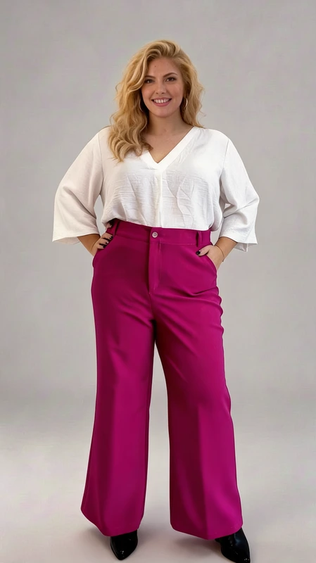 Παντελόνα γυναικεία plus size χειμωνιάτικη ματζέντα - PANT102 | Candiashop Boutique, Αυτή η κομψή παντελόνα σε έντονο φούξια χρώμα αποτελεί την τέλεια προσθήκη στη γκαρνταρόμπα κάθε γυναίκας που αγαπά τα ζωηρά χρώματα. Με φαρδιά γραμμή που χαρίζει άνεση και κολακεύει όλους τους σωματότυπους, διαθέτει ψηλή μέση που τονίζει τη σιλουέτα και δημιουργεί μια εντυπωσιακή εμφάνιση. Οι πλαϊνές τσέπες προσθέτουν πρακτικότητα, ενώ το κουμπί στο μπροστινό μέρος εξασφαλίζει τέλεια εφαρμογή. Συνδυάζεται υπέροχα με λευκές μπλούζες όπως αυτή της φωτογραφίας, με V-λαιμόκοψη και φαρδιά μανίκια για μια κομψή, επαγγελματική εμφάνιση. Ιδανική επιλογή για το γραφείο, επαγγελματικές συναντήσεις, αλλά και για βραδινές εξόδους όταν συνδυαστεί με τα κατάλληλα αξεσουάρ. Το ρευστό ύφασμα χαρίζει κίνηση και άνεση καθ' όλη τη διάρκεια της ημέρας, ενώ το ζωντανό χρώμα θα σας κάνει να ξεχωρίζετε με στυλ. Φορέστε την με μποτάκια για τις ψυχρότερες μέρες ή με κομψές γόβες για μια πιο επίσημη εμφάνιση.