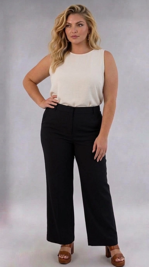 Παντελόνα γυναικεία μαύρη plus size - PANT194 | Candiashop Boutique, Η κομψή αυτή γυναικεία παντελόνα plus size σε βαθύ μαύρο χρώμα αποτελεί ένα διαχρονικό κομμάτι που δεν πρέπει να λείπει από καμία γκαρνταρόμπα. Με την ευρύχωρη γραμμή wide-leg και την ψηλή μέση, προσφέρει μια ιδιαίτερα κολακευτική εφαρμογή που αναδεικνύει τη σιλουέτα με χάρη και στυλ. Το μονόχρωμο σχέδιό της, χωρίς περιττά μοτίβα, την καθιστά εύκολα συνδυάσιμη με ποικιλία ρούχων. Το ύφασμά έχει απαλή υφή, κατάλληλη για τις ανοιξιάτικες και καλοκαιρινές εποχές. Μπορεί να φορεθεί με λευκό αμάνικο τοπ για ένα chic καθημερινό look, αλλά και με επίσημο σακάκι για επαγγελματικές περιστάσεις. Ιδανική για το γραφείο, επαγγελματικές συναντήσεις, αλλά και για βραδινές εξόδους, συνδυάζεται τέλεια με τακούνια ή μπαλαρίνες για ένα ολοκληρωμένο, εντυπωσιακό αποτέλεσμα.