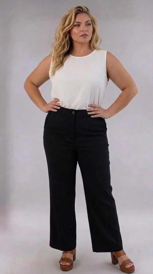 Παντελόνα γυναικεία μαύρη plus size - PANT194 | Candiashop Boutique, Η κομψή αυτή γυναικεία παντελόνα plus size σε βαθύ μαύρο χρώμα αποτελεί ένα διαχρονικό κομμάτι που δεν πρέπει να λείπει από καμία γκαρνταρόμπα. Με την ευρύχωρη γραμμή wide-leg και την ψηλή μέση, προσφέρει μια ιδιαίτερα κολακευτική εφαρμογή που αναδεικνύει τη σιλουέτα με χάρη και στυλ. Το μονόχρωμο σχέδιό της, χωρίς περιττά μοτίβα, την καθιστά εύκολα συνδυάσιμη με ποικιλία ρούχων. Το ύφασμά έχει απαλή υφή, κατάλληλη για τις ανοιξιάτικες και καλοκαιρινές εποχές. Μπορεί να φορεθεί με λευκό αμάνικο τοπ για ένα chic καθημερινό look, αλλά και με επίσημο σακάκι για επαγγελματικές περιστάσεις. Ιδανική για το γραφείο, επαγγελματικές συναντήσεις, αλλά και για βραδινές εξόδους, συνδυάζεται τέλεια με τακούνια ή μπαλαρίνες για ένα ολοκληρωμένο, εντυπωσιακό αποτέλεσμα.