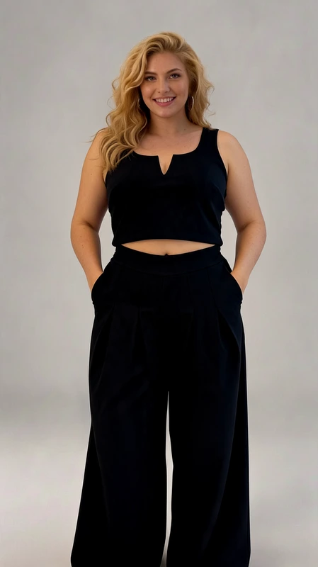 Παντελόνα γυναικεία plus size ανοιξιάτικη μαύρη - PANT168 | Candiashop Boutique, Κομψό σύνολο σε βαθύ μαύρο χρώμα που συνδυάζει άνεση και στυλ για την καθημερινή σας εμφάνιση. Το σετ αποτελείται από ένα κοντό τοπ με ιδιαίτερο V-σχήμα στο ντεκολτέ και φαρδιά παντελόνα υψηλής μέσης. Το τοπ διαθέτει φαρδιές τιράντες που προσφέρουν άνετη εφαρμογή, ενώ το μήκος του αναδεικνύει διακριτικά τη μέση. Η παντελόνα εντυπωσιάζει με την άνετη γραμμή της, τις πιέτες στο μπροστινό μέρος και τις πρακτικές τσέπες στα πλαϊνά. Η ψηλή μέση κολακεύει τη σιλουέτα, ενώ το φαρδύ πόδι χαρίζει κομψότητα και ελευθερία κινήσεων. Ιδανικό για βραδινές εξόδους, επαγγελματικές συναντήσεις ή κοκτέιλ πάρτι όταν συνδυαστεί με ψηλοτάκουνα πέδιλα και εντυπωσιακά κοσμήματα. Για πιο casual εμφανίσεις, ταιριάζει υπέροχα με sneakers και μια oversized ζακέτα. Η υψηλής ποιότητας ύφανση του υφάσματος εξασφαλίζει διαχρονική εμφάνιση και ανθεκτικότητα, ενώ η minimal αισθητική του συνόλου το καθιστά βασικό κομμάτι για κάθε γυναικεία γκαρνταρόμπα.