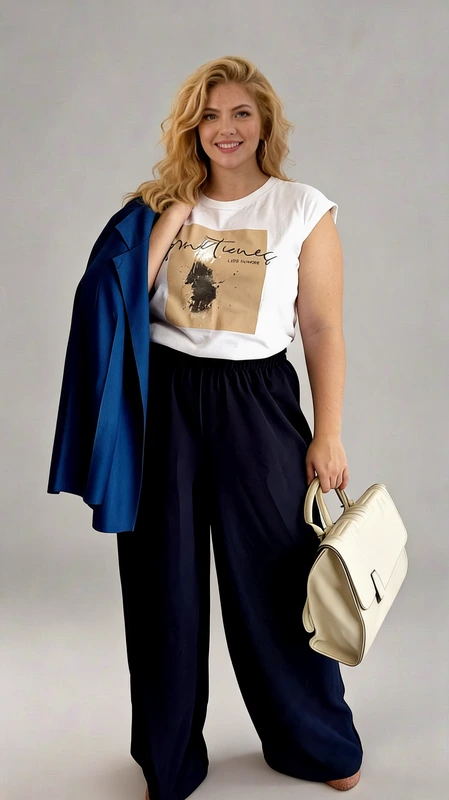 Παντελόνα γυναικεία plus size καλοκαιρινή μαύρη - PANT132 | Candiashop Boutique, Η φαρδιά παντελόνα σε βαθύ ναυτικό μπλε είναι η επιτομή της άνεσης και του στυλ για κάθε σύγχρονη γυναίκα. Με τη χαλαρή της γραμμή και το ελαστικό λάστιχο στη μέση, προσφέρει απαράμιλλη άνεση καθ' όλη τη διάρκεια της ημέρας. Συνδυάζεται τέλεια με το λευκό t-shirt που φέρει μια καλλιτεχνική εκτύπωση σε αποχρώσεις μπεζ, δημιουργώντας μια κομψή αντίθεση. Μπορεί να φορεθεί με ένα κομψό βασικό μπλουζάκι για καθημερινές εμφανίσεις ή να αναβαθμιστεί με ένα σικ τοπ για βραδινές εξόδους. Ο συνδυασμός με το ρουά μπλε σακάκι προσθέτει μια επαγγελματική πινελιά, ενώ η κρεμ τσάντα ολοκληρώνει αρμονικά το σύνολο. Η ρέουσα υφή του υφάσματος χαρίζει κίνηση σε κάθε βήμα, ενώ η ευρύχωρη σιλουέτα κολακεύει κάθε σωματότυπο. Ιδανική επιλογή για την εργασία, τις αποδράσεις του Σαββατοκύριακου ή τις βόλτες στην πόλη, αυτή η παντελόνα θα γίνει αγαπημένο κομμάτι της καθημερινής σας γκαρνταρόμπας.