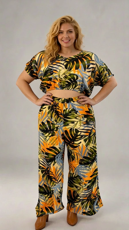 Παντελόνα γυναικεία plus size καλοκαιρινή μαύρη - PANT135 | Candiashop Boutique, Εντυπωσιακό σετ δύο τεμαχίων με τροπικό μοτίβο που θα αναβαθμίσει το καλοκαιρινό σας στυλ. Το σύνολο αποτελείται από ένα κοντό τοπ με φαρδιά μανίκια και μια φαρδιά παντελόνα ψηλόμεση, διακοσμημένα με ζωηρό σχέδιο τροπικών φύλλων σε αποχρώσεις πορτοκαλί ώχρας, λαδί πράσινου και γαλαζωπού σε κρεμ φόντο. Η χαλαρή γραμμή του συνόλου προσφέρει άνεση και κολακεύει κάθε σωματότυπο, ενώ το crop top με το V λαιμόκοψη χαρίζει θηλυκότητα στην εμφάνιση. Η παντελόνα με το φαρδύ πόδι εξασφαλίζει ελευθερία κινήσεων και στυλ. Ιδανικό για καλοκαιρινές εξορμήσεις, διακοπές σε νησί ή απογευματινά κοκτέιλ στην παραλία. Συνδυάστε το με χρυσά αξεσουάρ και πλατφόρμες για βραδινές εμφανίσεις ή με επίπεδα σανδάλια για πιο χαλαρές περιστάσεις. Το λεπτό ύφασμα είναι ιδανικό για τις ζεστές μέρες, προσφέροντας δροσιά και στυλ σε μία εντυπωσιακή εμφάνιση.