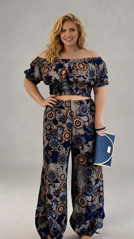 Παντελόνα γυναικεία plus size καλοκαιρινή μαύρη - PANT137 | Candiashop Boutique, Αυτό το εντυπωσιακό σετ αποτελείται από μία bardot τοπ και μία φαρδιά παντελόνα σε μαγευτικό βαθύ μπλε χρώμα, διακοσμημένο με πλούσια μοτίβα σε αποχρώσεις χρυσού, μπεζ και μαύρου. Το τοπ διαθέτει ελαστική λάστιχο στο πάνω μέρος και στη μέση, με χαριτωμένα κοντά μανίκια που προσθέτουν θηλυκότητα. Η παντελόνα έχει άνετη γραμμή με χαλαρή εφαρμογή, ιδανική για καλοκαιρινές εμφανίσεις με στυλ. Το εξωτικό μοτίβο με τα μαντάλα και τα περίτεχνα σχέδια δημιουργεί μια bohemian αίσθηση που μαγνητίζει τα βλέμματα. Φορέστε το σύνολο σε καλοκαιρινές εξόδους, στην παραλία πάνω από το μαγιό σας ή σε απογευματινούς περιπάτους. Συνδυάστε το με χρυσά κοσμήματα και μια ψάθινη τσάντα, όπως αυτή στη φωτογραφία, για να ολοκληρώσετε το look. Το σετ αποτελεί την τέλεια επιλογή για γυναίκες που αγαπούν τα έντονα χρώματα και τα ιδιαίτερα σχέδια, προσφέροντας άνεση και κομψότητα σε κάθε περίσταση.
