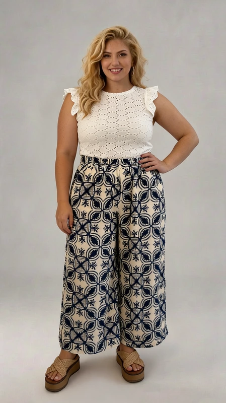 Παντελόνα γυναικεία plus size καλοκαιρινή μπλε - PANT114 | Candiashop Boutique, Αυτό το κομψό σύνολο συνδυάζει αρμονικά την άνεση με το στυλ για τις καλοκαιρινές σας εμφανίσεις. Η παντελόνα με την φαρδιά γραμμή διαθέτει εντυπωσιακό μοτίβο σε λευκό και βαθύ μπλε, με γεωμετρικά σχέδια που θυμίζουν παραδοσιακά μεσογειακά μοτίβα. Η ψηλόμεση εφαρμογή κολακεύει τη σιλουέτα, ενώ το φαρδύ πόδι προσφέρει άνεση και αέρινη αίσθηση στις ζεστές μέρες. Συνδυάζεται τέλεια με το λευκό μπλουζάκι από δαντέλα με διάτρητο σχέδιο και χαριτωμένα βολάν στους ώμους, προσθέτοντας μια θηλυκή πινελιά στο σύνολο. Ιδανικό για καλοκαιρινές βόλτες, απογευματινούς καφέδες ή ακόμα και για χαλαρές βραδινές εξόδους στην παραλία. Μπορεί να συνδυαστεί με πλατφόρμες για πιο επίσημες περιστάσεις ή με επίπεδα σανδάλια για καθημερινές εμφανίσεις. Το φυσικό ύφασμα της παντελόνας εξασφαλίζει άνετη εφαρμογή και δροσερή αίσθηση, ενώ το έντονο μοτίβο της την καθιστά ξεχωριστό κομμάτι στη γκαρνταρόμπα σας.