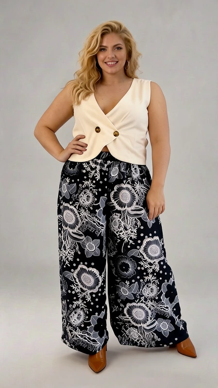 Παντελόνα γυναικεία plus size καλοκαιρινή μπλε - PANT118 | Candiashop Boutique, Αυτό το κομψό σύνολο αποτελείται από ένα εκρού αμάνικο τοπ με ιδιαίτερο σχεδιασμό και μια φαρδιά παντελόνα σε βαθύ ναυτικό μπλε με εντυπωσιακό φλοράλ μοτίβο. Το τοπ διαθέτει βαθύ V λαιμόκοψη και κλείνει μπροστά με δύο διακοσμητικά κουμπιά σε χρυσαφί απόχρωση, προσφέροντας μια κολακευτική γραμμή που αναδεικνύει τη σιλουέτα. Η παντελόνα έχει φαρδιά γραμμή palazzo με άνετη εφαρμογή και είναι διακοσμημένη με μεγάλα λευκά λουλούδια και φυλλώματα σε απαλές γκρι αποχρώσεις, δημιουργώντας ένα εντυπωσιακό αντίθεση με το σκούρο φόντο. Ιδανικό για καλοκαιρινές βραδινές εξόδους, αυτό το σύνολο μπορεί να φορεθεί τόσο σε καθημερινές περιστάσεις όσο και σε πιο επίσημες εκδηλώσεις. Συνδυάστε το με χρυσά αξεσουάρ και ψηλοτάκουνα πέδιλα για ένα ολοκληρωμένο εμφάνιση με στυλ. Η άνετη εφαρμογή και το ελαφρύ ύφασμα προσφέρουν άνεση καθ' όλη τη διάρκεια της ημέρας, ενώ το μοναδικό σχέδιο εγγυάται ότι θα ξεχωρίζετε με κομψότητα και θηλυκότητα.