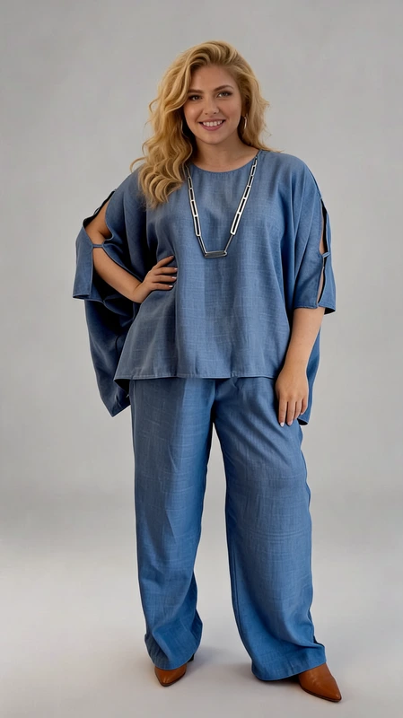 Παντελόνα γυναικεία plus size καλοκαιρινή μπλε - PANT122 | Candiashop Boutique, Αυτό το κομψό σετ σε απόχρωση γαλάζιου τζιν αποτελεί την ιδανική επιλογή για άνετο αλλά στυλάτο ντύσιμο. Το επάνω μέρος διαθέτει φαρδιά γραμμή με χαλαρή εφαρμογή και εντυπωσιακά φαρδιά μανίκια με ανοίγματα, προσφέροντας μια αίσθηση αέρινης πολυτέλειας. Συνδυάζεται αρμονικά με την άνετη παντελόνα σε ίδια απόχρωση, δημιουργώντας ένα ολοκληρωμένο σύνολο που κολακεύει κάθε σωματότυπο. Το υλικό μοιάζει με λινό ή μείγμα λινού, εξασφαλίζοντας άνεση και δροσιά ακόμα και τις πιο ζεστές ημέρες. Η μίνιμαλ σχεδίαση ενισχύεται από το διακριτικό κόσμημα λαιμού που προσθέτει μια κομψή λεπτομέρεια. Ιδανικό για καλοκαιρινές εξόδους, επαγγελματικές συναντήσεις ή απογευματινούς περιπάτους, αυτό το σετ μπορεί να φορεθεί με πέδιλα ή μπαλαρίνες για μια πιο casual εμφάνιση, ή με ψηλοτάκουνα για πιο επίσημες περιστάσεις. Η χαλαρή γραμμή και το ευκολοφόρετο στυλ το καθιστούν απαραίτητο κομμάτι για κάθε γυναικεία γκαρνταρόμπα που αναζητά άνεση χωρίς συμβιβασμούς στο στυλ.
