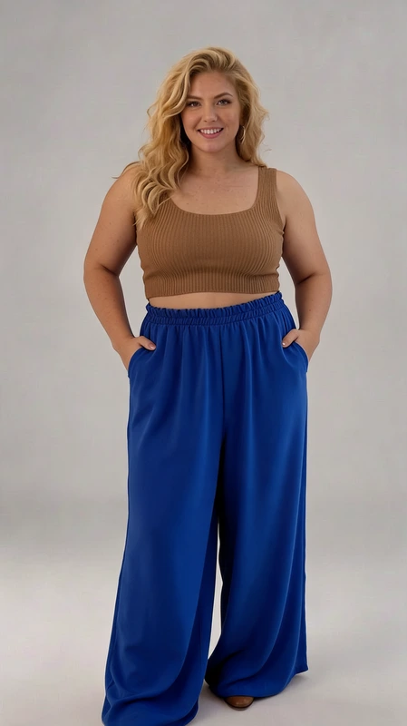 Παντελόνα γυναικεία plus size καλοκαιρινό μπλε - PANT173 | Candiashop Boutique, Αναδείξτε το στυλ σας με αυτό το μοντέρνο σύνολο που συνδυάζει άνεση και κομψότητα. Η παντελόνα σε έντονο βασιλικό μπλε χρώμα διαθέτει φαρδιά γραμμή που χαρίζει άνεση και ελευθερία κινήσεων. Με ελαστική μέση και πρακτικές πλαϊνές τσέπες, είναι ιδανική για καθημερινές εμφανίσεις αλλά και βραδινές εξόδους. Το ρευστό ύφασμα αγκαλιάζει το σώμα με χάρη, δημιουργώντας μια κολακευτική σιλουέτα. Συνδυάζεται τέλεια με το μπεζ ριπ τοπ τύπου crop που αναδεικνύει τη μέση και προσθέτει μια νότα θηλυκότητας στο σύνολο. Φορέστε την παντελόνα με πέδιλα για βραδινές εξόδους ή με sneakers για πιο casual εμφανίσεις. Ο συνδυασμός των δύο αντίθετων χρωμάτων δημιουργεί ένα εντυπωσιακό αποτέλεσμα που θα τραβήξει όλα τα βλέμματα. Ιδανικό σύνολο για την άνοιξη και το καλοκαίρι, προσφέροντας στυλ και άνεση σε κάθε σας κίνηση.