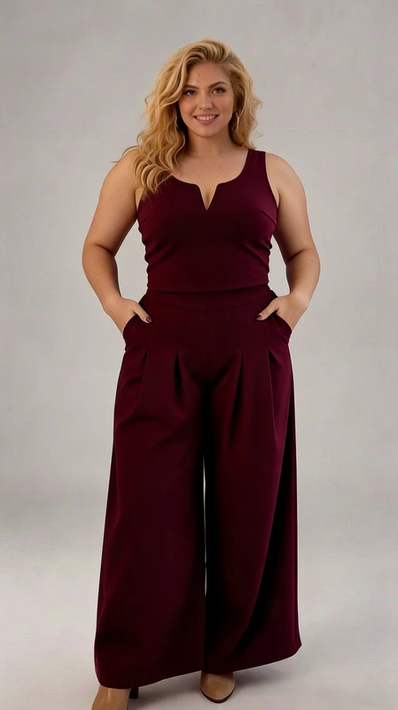 Παντελόνα γυναικεία plus size ανοιξιάτικη μπορντό - PANT162 | Candiashop Boutique, Αυτή η κομψή ολόσωμη φόρμα σε πλούσιο μπορντό χρώμα συνδυάζει άνεση και στυλ για την καθημερινή σας εμφάνιση. Το αμάνικο μπούστο με τον ιδιαίτερο λαιμό σε σχήμα V προσφέρει κολακευτική γραμμή, ενώ η φαρδιά παντελόνα με τις πιέτες χαρίζει άνετη εφαρμογή και ελευθερία κινήσεων. Διαθέτει πρακτικές τσέπες στο πλάι για μικροαντικείμενα και είναι κατασκευασμένη από υψηλής ποιότητας ύφασμα που δεν τσαλακώνεται εύκολα. Ιδανική για επαγγελματικές συναντήσεις, βραδινές εξόδους ή ειδικές περιστάσεις, συνδυάζεται τέλεια με ψηλοτάκουνα παπούτσια όπως φαίνεται στην εικόνα. Μπορεί επίσης να φορεθεί με ένα κομψό σακάκι για πιο επίσημες εμφανίσεις ή με ένα μοντέρνο μπουφάν για πιο casual look. Η κομψή σιλουέτα της αγκαλιάζει το σώμα στα σωστά σημεία, προσφέροντας μια θηλυκή και σύγχρονη εμφάνιση που κολακεύει κάθε σωματότυπο.