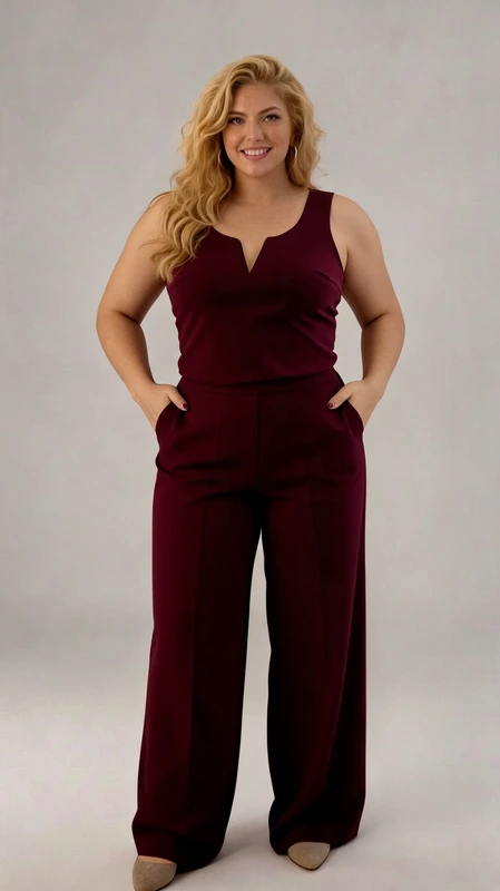 Παντελόνα γυναικεία plus size ανοιξιάτικη μπορντό - PANT163 | Candiashop Boutique, Κομψή ολόσωμη φόρμα σε πλούσιο μπορντό χρώμα, ιδανική για την καθημερινή σας κομψότητα αλλά και για βραδινές εξόδους. Το μπούστο διαθέτει εντυπωσιακό σχεδιασμό με λαιμόκοψη V που κολακεύει τη σιλουέτα, ενώ το αμάνικο στυλ προσφέρει άνεση και δροσιά. Η φαρδιά παντελόνα με ίσια γραμμή χαρίζει κομψότητα και μοντέρνα εμφάνιση, ενώ οι πρακτικές τσέπες στο πλάι προσθέτουν λειτουργικότητα. Η εφαρμογή της είναι άνετη και κολακευτική για κάθε σωματότυπο, ενώ το εξαιρετικής ποιότητας ύφασμα εξασφαλίζει άψογη εμφάνιση καθ' όλη τη διάρκεια της ημέρας. Μπορεί να φορεθεί με ψηλοτάκουνα πέδιλα για βραδινές εξόδους ή με κομψά μποτίνια για έναν πιο καθημερινό χαρακτήρα. Συνδυάστε τη με μια λεπτή ζώνη στη μέση για να τονίσετε τη σιλουέτα σας και με διακριτικά κοσμήματα για μια ολοκληρωμένη εμφάνιση. Η φόρμα αυτή αποτελεί ένα διαχρονικό κομμάτι που δεν πρέπει να λείπει από καμία γυναικεία γκαρνταρόμπα.