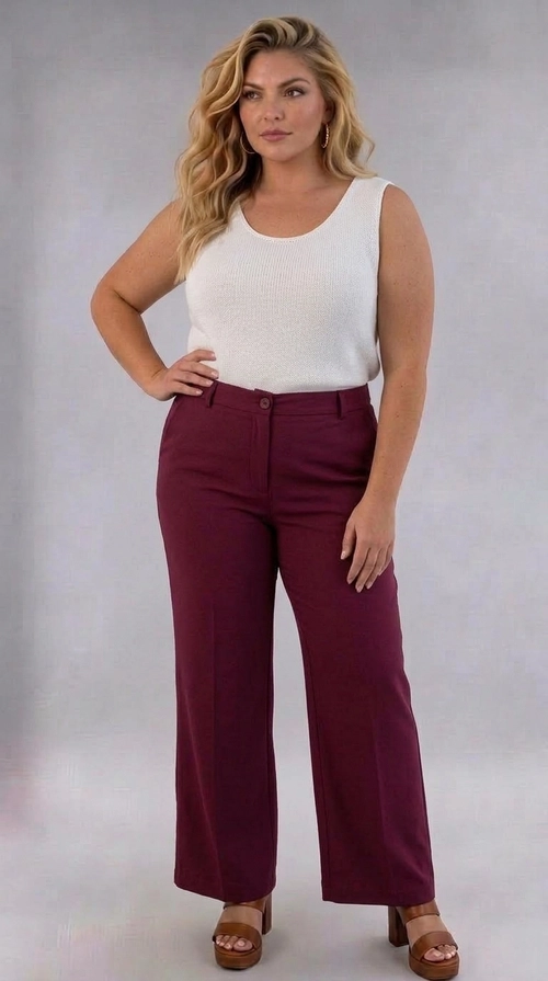 Παντελόνα γυναικεία μπορντό plus size - PANT196 | Candiashop Boutique, Η παντελόνα αυτή σε βαθύ μπορντό χρώμα αποτελεί την ιδανική επιλογή για κάθε γυναίκα που αναζητά στυλ και άνεση σε μεγάλα μεγέθη. Με την ευρεία γραμμή της και το φαρδύ μπατζάκι, προσφέρει μια ρευστή, κομψή σιλουέτα που κολακεύει κάθε σώμα. Η υψηλή μέση με το διακοσμητικό κουμπί στο μπροστινό μέρος δίνει έναν κλασικό, εκλεπτυσμένο χαρακτήρα, ενώ το μονόχρωμο, απαλό ύφασμα προσδίδει αίσθηση πολυτέλειας. Η εφαρμογή είναι άνετη και ελεύθερη, χωρίς να χάνει την κομψότητά της, κάνοντάς την κατάλληλη τόσο για επαγγελματικές περιστάσεις όσο και για καθημερινές εξόδους. Μπορεί να φορεθεί με μια λευκή μπλούζα από μουσελίνα για ένα αέρινο, καλοκαιρινό σύνολο, όπως φαίνεται και στη φωτογραφία, ή με ένα κομψό σακάκι για πιο επίσημες εμφανίσεις. Συνδυάστε τη με πλατφόρμες ή γόβες για να ολοκληρώσετε ένα εντυπωσιακό και αυτοπεποίθητο look που θα σας κάνει να ξεχωρίζετε.