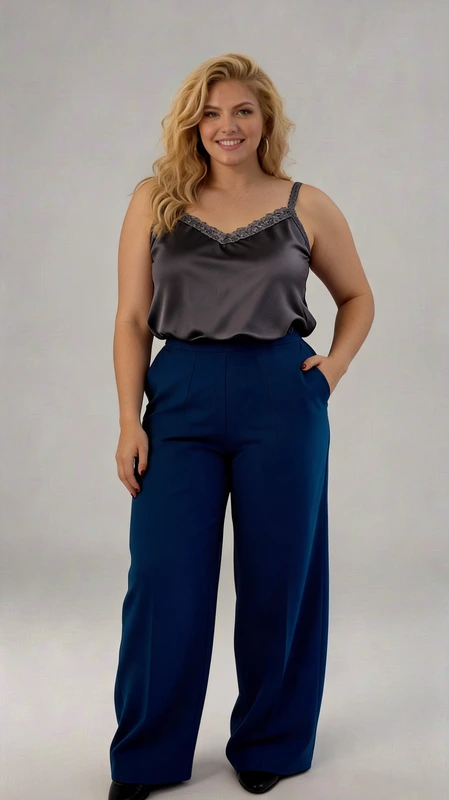 Παντελόνα γυναικεία plus size ανοιξιάτικη πετρόλ - PANT155 | Candiashop Boutique, Κομψή και άνετη παντελόνα σε βαθύ μπλε ρουά απόχρωση, ιδανική για γυναίκες που αναζητούν στυλ και άνεση. Η φαρδιά γραμμή της χαρίζει ελευθερία κινήσεων και κολακεύει κάθε σωματότυπο, ενώ η ψηλή μέση αναδεικνύει τη σιλουέτα και προσφέρει άψογη εφαρμογή. Η παντελόνα διαθέτει κομψές πιέτες στο μπροστινό μέρος και πλαϊνές τσέπες, συνδυάζοντας λειτουργικότητα και στυλ. Συνδυάστε την με το μαύρο σατέν τοπ με τις λεπτομέρειες από ασημί γκλίτερ στο ντεκολτέ που φαίνεται στην εικόνα, για βραδινές εξόδους, ή με ένα απλό πουκάμισο για μια κομψή επαγγελματική εμφάνιση. Το υψηλής ποιότητας ύφασμα προσφέρει εξαιρετική εφαρμογή και διατηρεί το σχήμα του ακόμα και μετά από πολύωρη χρήση. Η ευελιξία αυτής της παντελόνας την καθιστά απαραίτητο κομμάτι για κάθε γυναικεία γκαρνταρόμπα, κατάλληλη τόσο για επίσημες όσο και για πιο καθημερινές περιστάσεις.