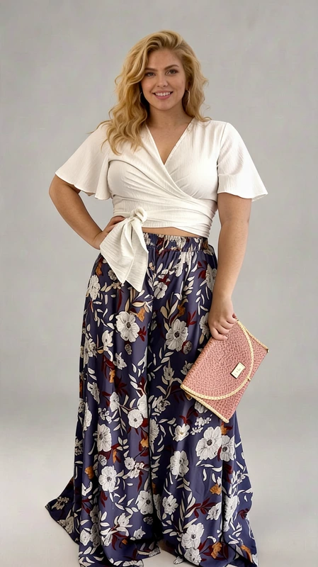 Παντελόνα γυναικεία plus size καλοκαιρινή πράσινο - PANT134 | Candiashop Boutique, Αυτή η κομψή γυναικεία παντελόνα σε μοβ-μπλε απόχρωση με φλοράλ μοτίβο αποτελεί ιδανική επιλογή για το καλοκαιρινό σας γκαρνταρόμπα. Το εντυπωσιακό σχέδιο με λευκά και καφέ λουλούδια προσδίδει θηλυκότητα και φρεσκάδα, ενώ η φαρδιά γραμμή εξασφαλίζει άνεση και αέρινη αίσθηση κατά την κίνηση. Συνδυάζεται τέλεια με το λευκό κρουαζέ τοπ με δέσιμο στη μέση και κοντά φαρδιά μανίκια, δημιουργώντας ένα αρμονικό σύνολο. Η ελαστική μέση της παντελόνας προσφέρει άνετη εφαρμογή, ενώ το ρέον ύφασμα χαρίζει δροσερή αίσθηση στις ζεστές μέρες. Ιδανική για καλοκαιρινές βόλτες, απογευματινούς καφέδες ή βραδινές εξόδους στην παραλία. Μπορεί να συνδυαστεί με πλεκτές τσάντες, όπως η ροζ τσάντα της εικόνας, και χρυσά κοσμήματα για ένα ολοκληρωμένο καλοκαιρινό look. Η παντελόνα αυτή συνδυάζει κομψότητα και άνεση, αποτελώντας ένα διαχρονικό κομμάτι που θα απογειώσει τις καλοκαιρινές σας εμφανίσεις.