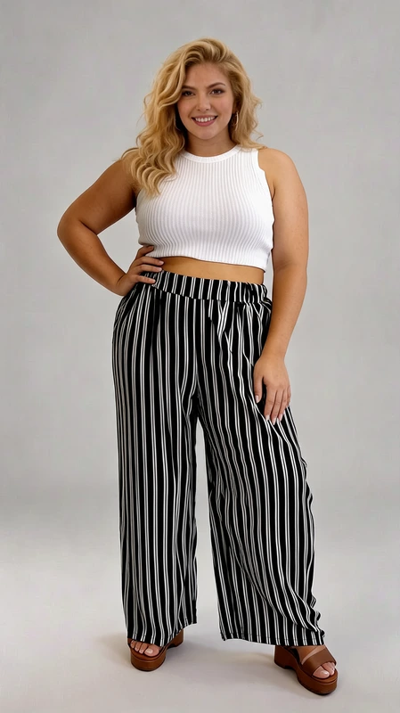 Παντελόνα γυναικεία plus size καλοκαιρινή ριγέ - PANT144 | Candiashop Boutique, Απολαύστε άνεση και στυλ με αυτό το μοντέρνο σύνολο που συνδυάζει διαχρονική κομψότητα με σύγχρονες τάσεις. Το λευκό πλεκτό crop top διαθέτει κομψές ριπ πλέξεις που προσφέρουν εξαιρετική εφαρμογή και ελαστικότητα, ενώ το σχέδιο με τους φαρδείς ώμους αναδεικνύει τη σιλουέτα. Συνδυάζεται άψογα με την εντυπωσιακή παντελόνα σε μαύρο φόντο με κάθετες λευκές ρίγες, που χαρίζει μια αίσθηση κίνησης και μοναδικό στυλ. Η φαρδιά γραμμή της παντελόνας προσφέρει απόλυτη άνεση, ενώ η ελαστική μέση με κορδόνι εξασφαλίζει τέλεια εφαρμογή. Ιδανικό σύνολο για καλοκαιρινές βραδινές εξόδους, αλλά και για χαλαρούς περιπάτους στην παραλία. Μπορεί να συνδυαστεί με πλατφόρμες για βραδινή έξοδο ή με σανδάλια για πιο casual εμφανίσεις. Το σύνολο αποτελεί την τέλεια επιλογή για γυναίκες που αγαπούν τη μόδα και θέλουν να συνδυάσουν άνεση και κομψότητα σε κάθε τους εμφάνιση.