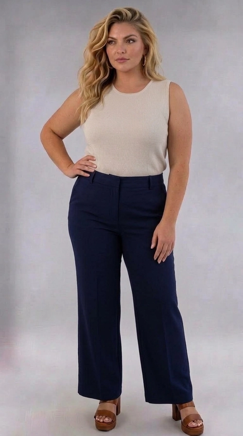 Παντελόνα γυναικεία σκούρα μπλε plus size - PANT197 | Candiashop Boutique, Η παντελόνα αυτή σε βαθύ ναυτικό μπλε χρώμα είναι η ιδανική επιλογή για τη σύγχρονη γυναίκα που αναζητά στυλ και άνεση σε μεγαλύτερα νούμερα. Με την ψηλόμεση γραμμή της και την ευρεία, φαρδιά εφαρμογή στο μπατζάκι, προσφέρει μια κομψή και αδύνατη σιλουέτα που κολακεύει κάθε σωματότυπο. Η μονόχρωμη, απαλή υφή του υφάσματος δίνει μια εκλεπτυσμένη αίσθηση, ενώ η κλασική κοπή με ζώνη και θηλιές επιτρέπει ευέλικτους συνδυασμούς. Μπορεί να φορεθεί με ένα απλό αμάνικο μπλουζάκι σε ουδέτερες αποχρώσεις για casual εμφάνιση, ή με ένα κομψό πουκάμισο για πιο επίσημες περιστάσεις και επαγγελματικό περιβάλλον. Ταιριάζει εξίσου με sneakers για καθημερινή χρήση, αλλά και με τακούνια ή mules για βραδινές εξόδους. Ιδανική για γυναίκες που επιθυμούν να συνδυάσουν την κομψότητα με την άνεση, αυτή η παντελόνα αποτελεί must-have κομμάτι για κάθε γκαρνταρόμπα.
